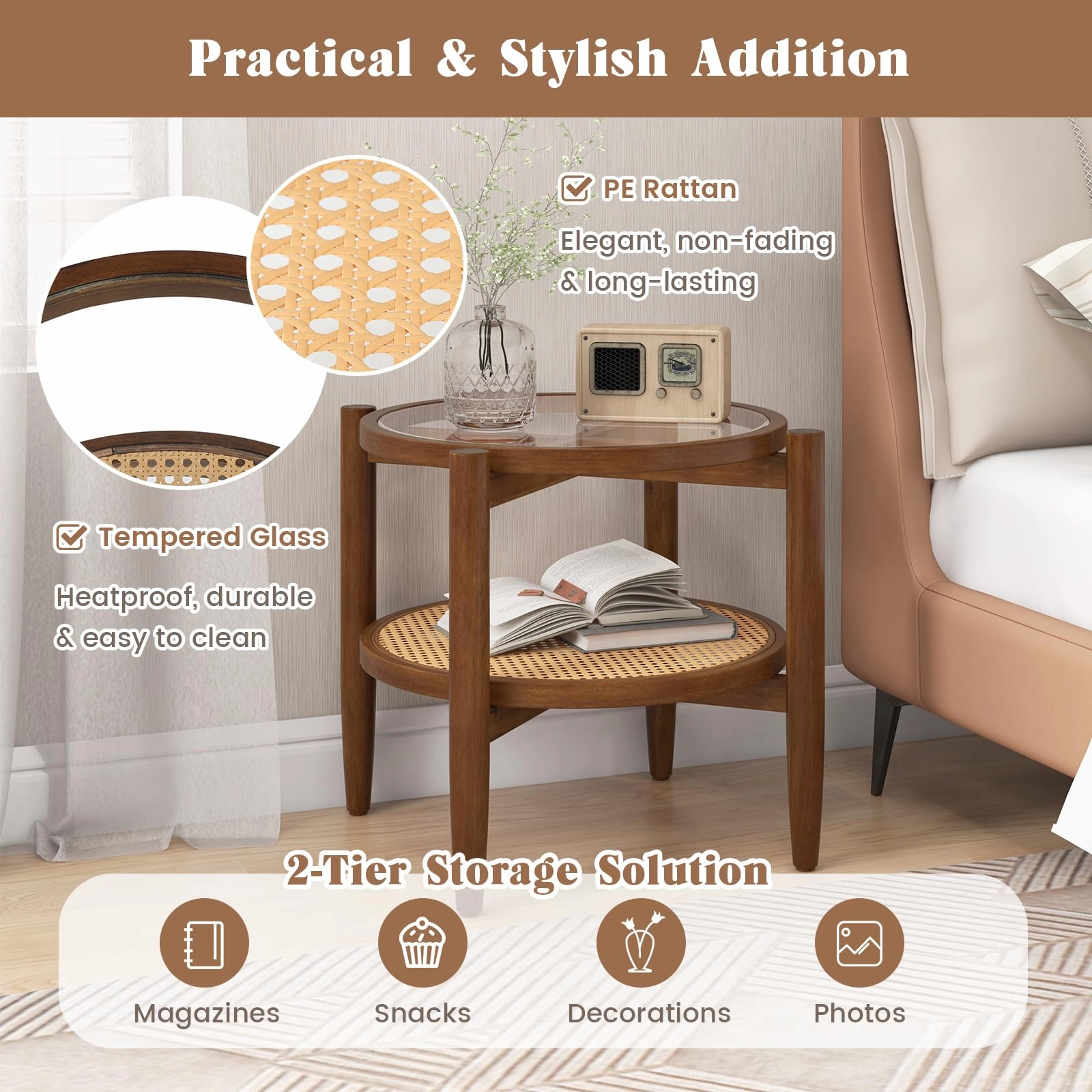 Giantex Rattan Round End Table Walnut Boho Nightstand with Tempered Glass Top and Acacia Wood Legs