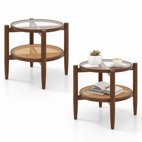 Giantex Rattan Round End Table Walnut Boho Nightstand with Tempered Glass Top and Acacia Wood Legs entry bench, mudroom storage