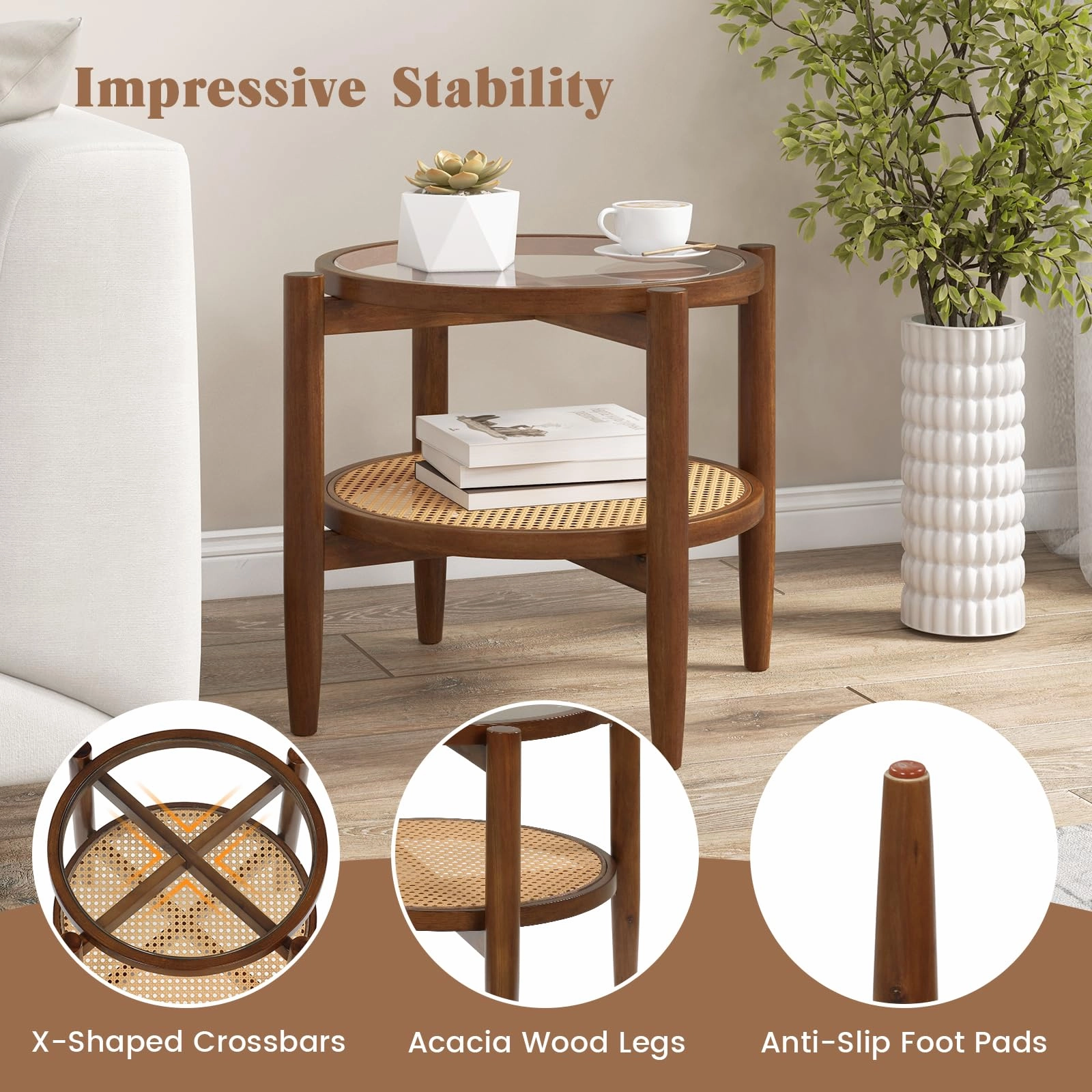 Giantex Rattan Round End Table Walnut Boho Nightstand with Tempered Glass Top and Acacia Wood Legs