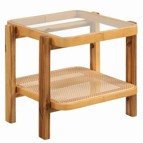 Giantex Rattan Side Table, Boho End Table for Living Room, Narrow Bedside Table with Tempered Glass Top throw pillow, fuzzy blanket