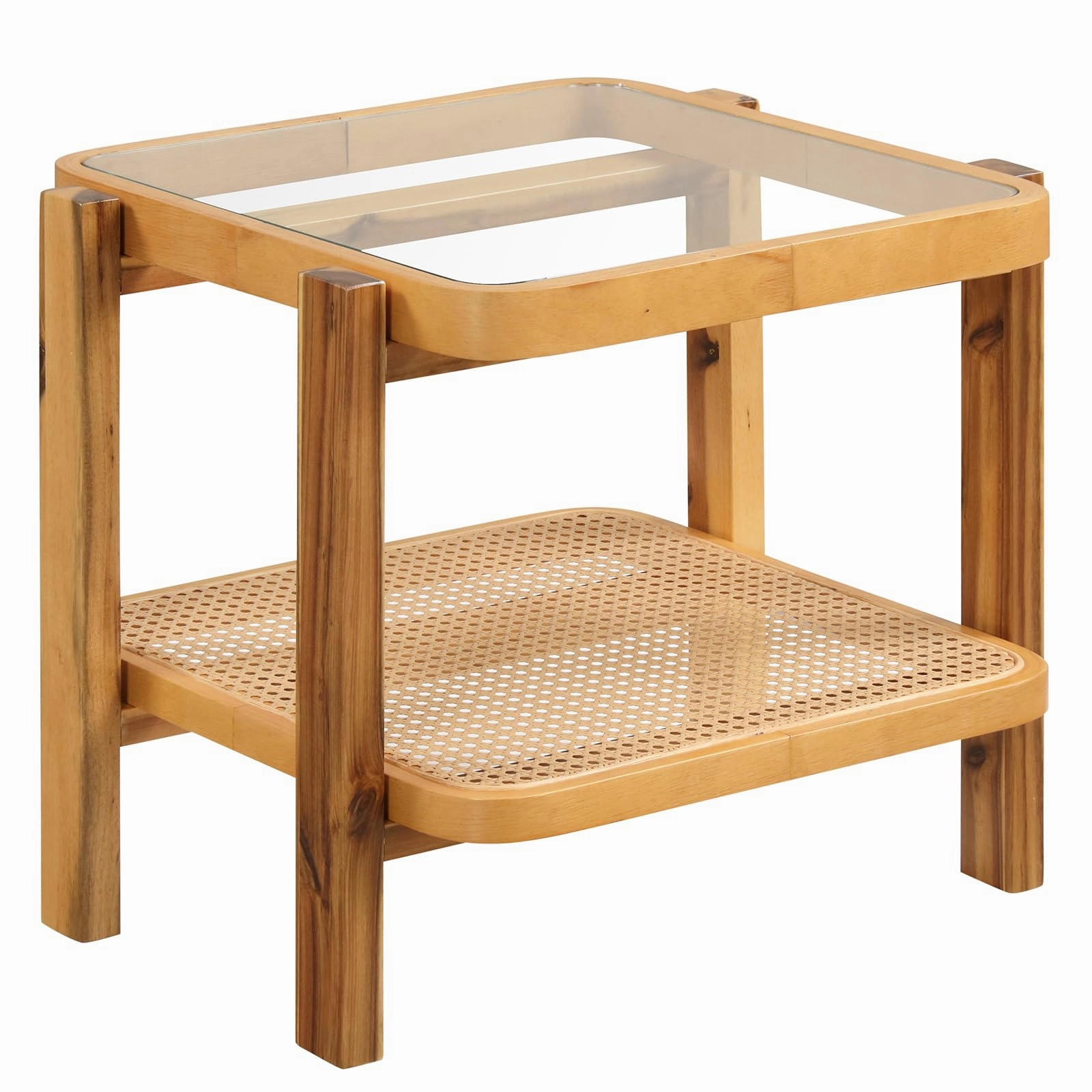 Giantex Rattan Side Table, Boho End Table for Living Room, Narrow Bedside Table with Tempered Glass Top throw pillow, fuzzy blanket