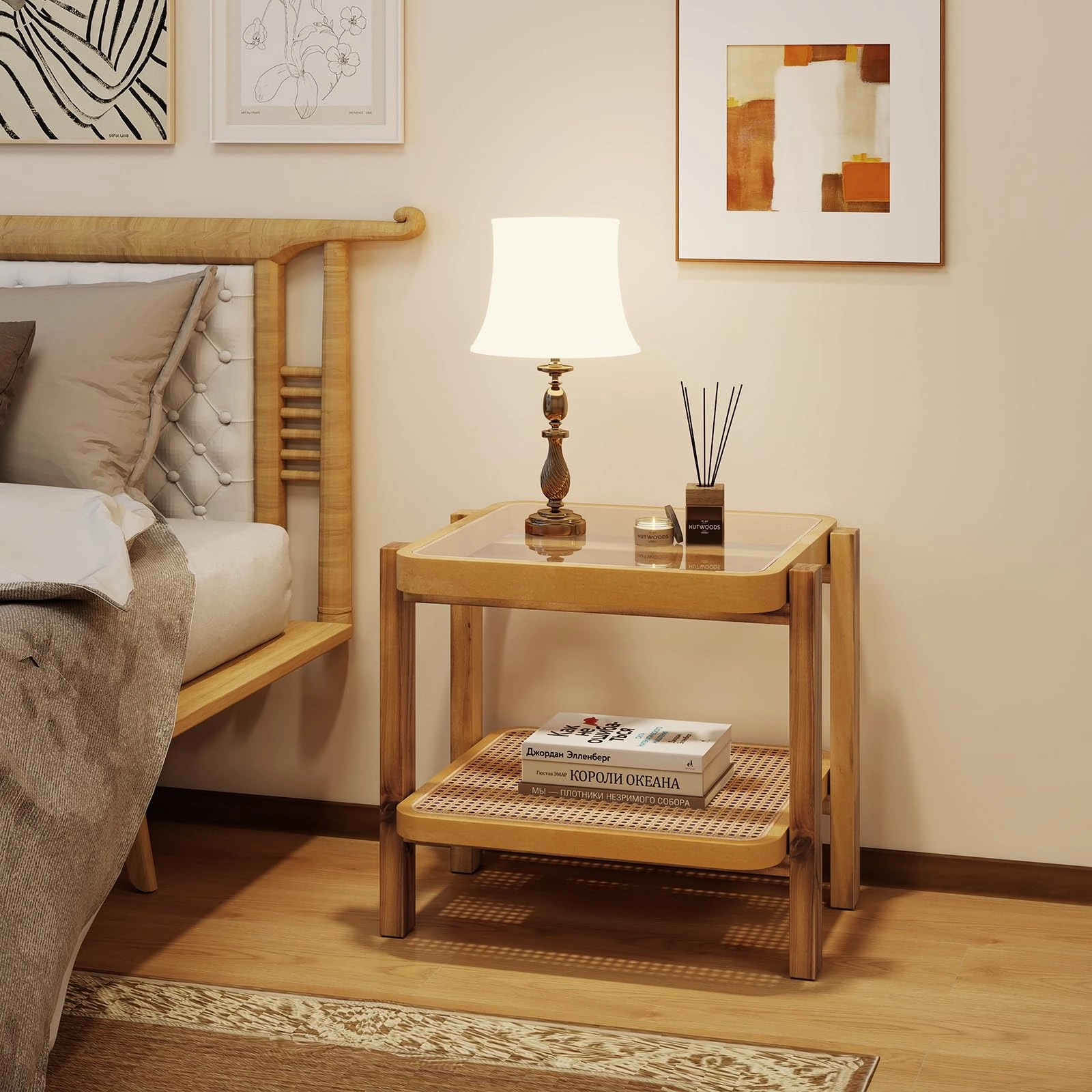 Giantex Rattan Side Table, Boho End Table for Living Room, Narrow Bedside Table with Tempered Glass Top