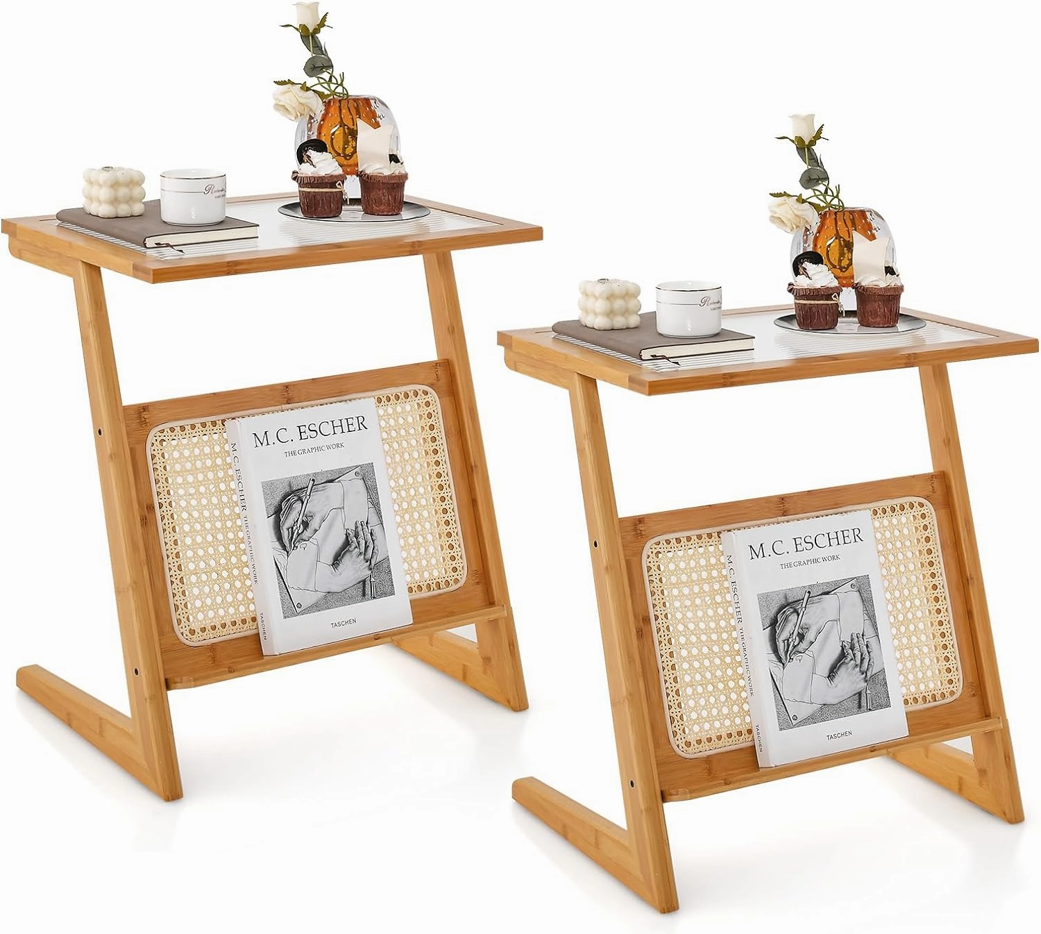 Giantex Rattan Side Table, Boho End Table with Glass Top & Magazine Rack, Z-Shaped Nightstand with Storage