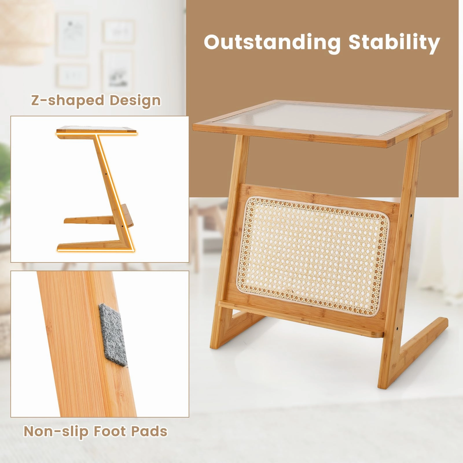 Giantex Rattan Side Table, Boho End Table with Glass Top & Magazine Rack, Z-Shaped Nightstand with Storage