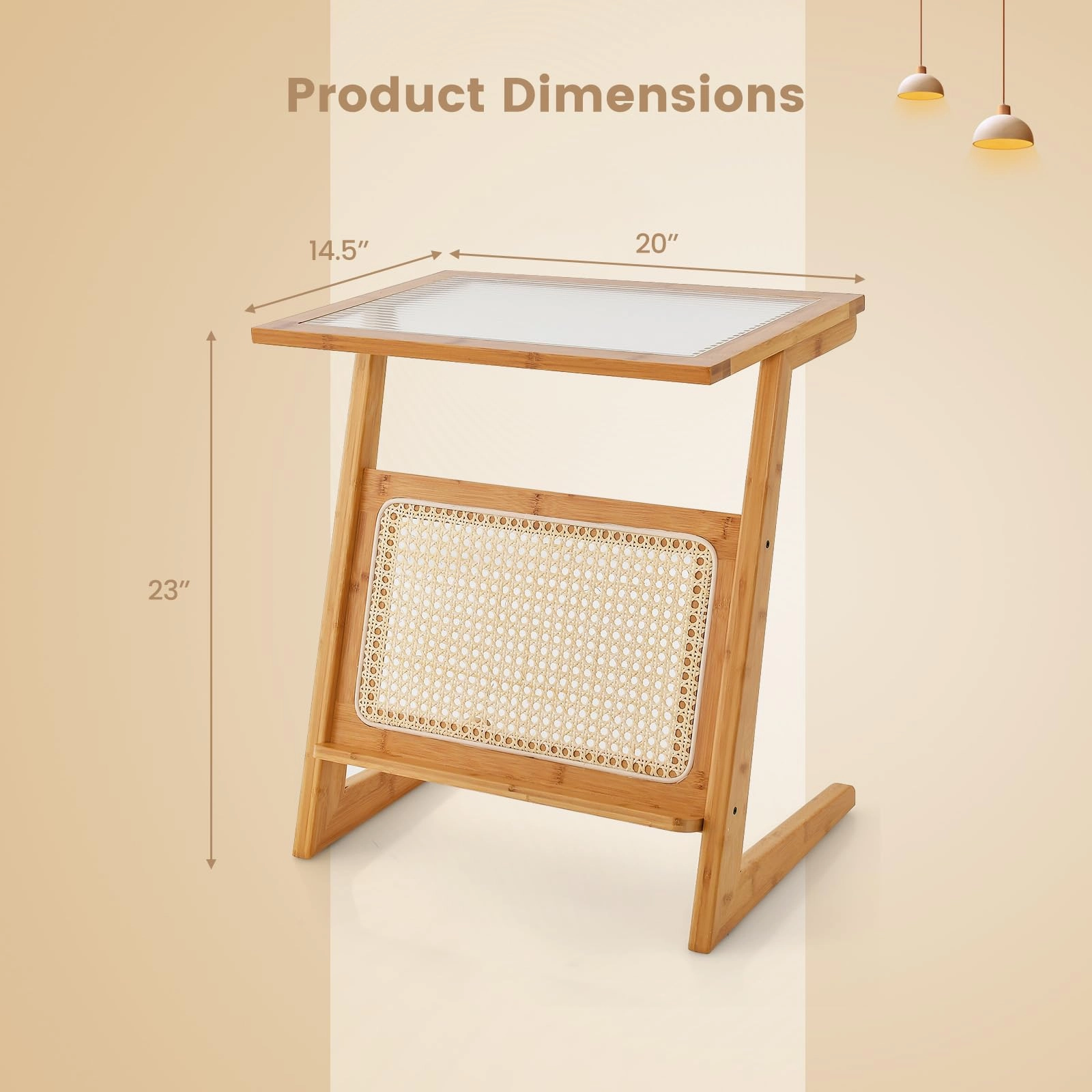 Giantex Rattan Side Table, Boho End Table with Glass Top & Magazine Rack, Z-Shaped Nightstand with Storage