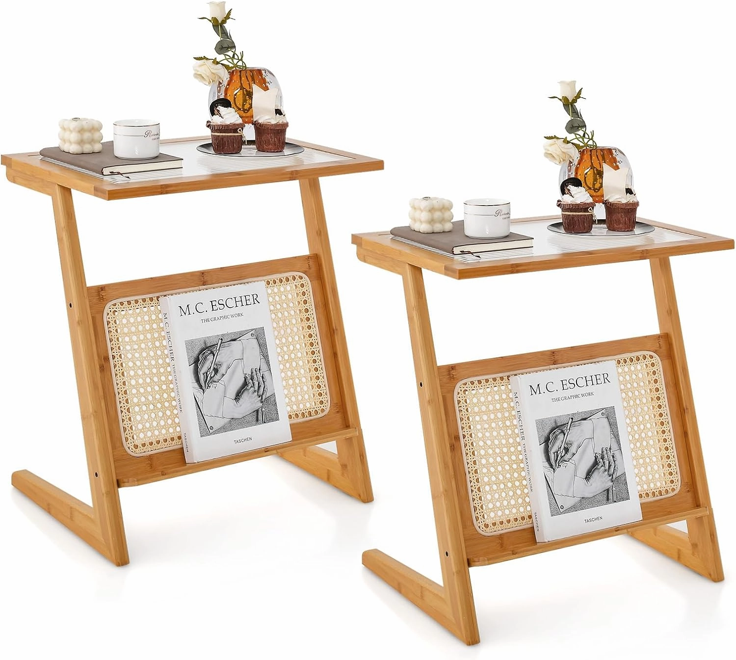 Giantex Rattan Side Table, Boho End Table with Glass Top & Magazine Rack, Z-Shaped Nightstand with Storage