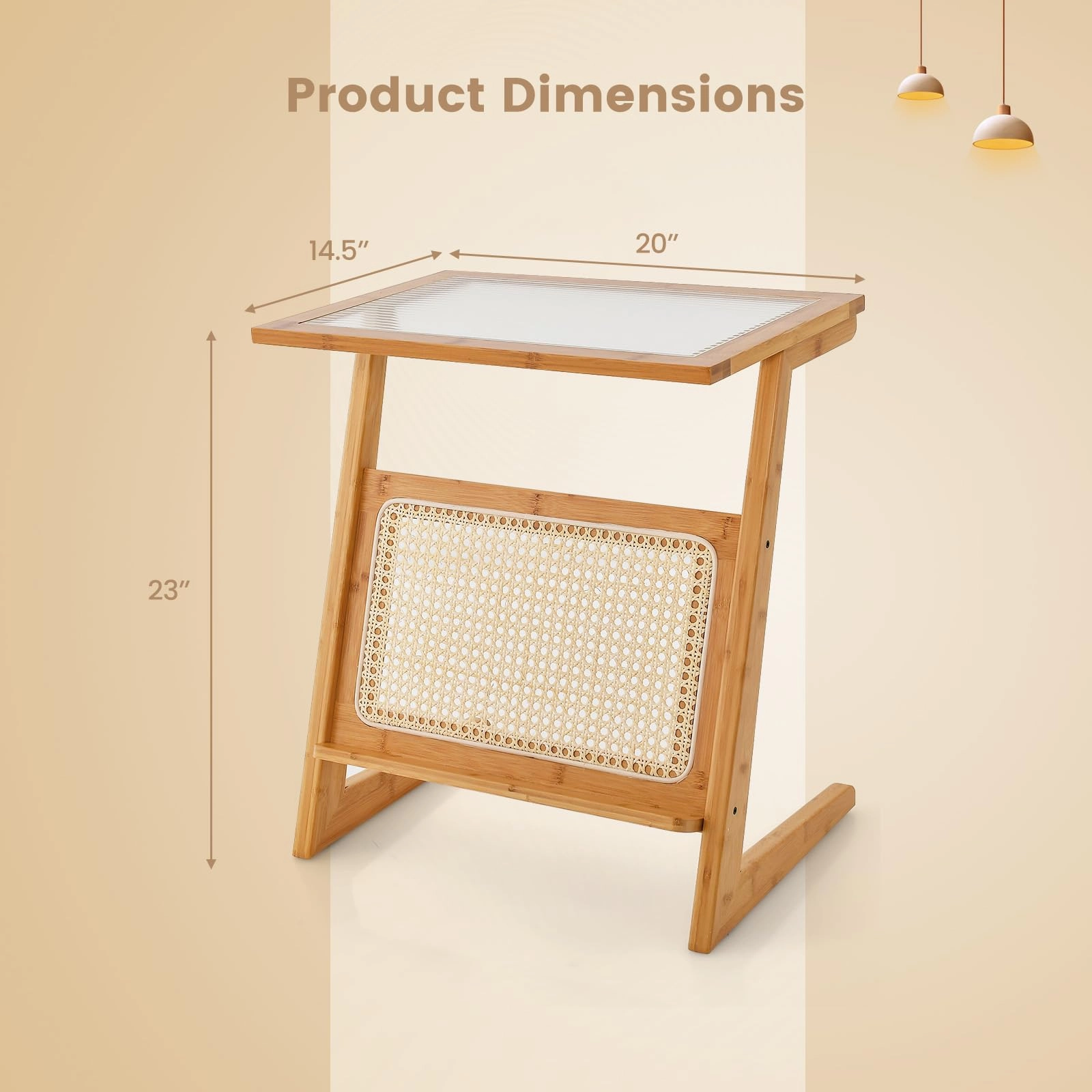 Giantex Rattan Side Table, Boho End Table with Glass Top & Magazine Rack, Z-Shaped Nightstand with Storage