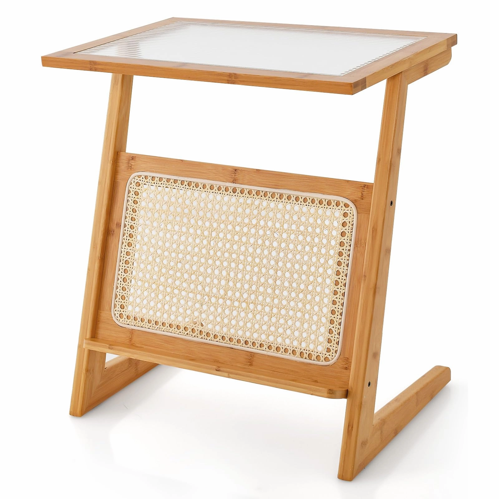 Giantex Rattan Side Table, Boho End Table with Glass Top & Magazine Rack, Z-Shaped Nightstand with Storage throw pillow, fuzzy blanket