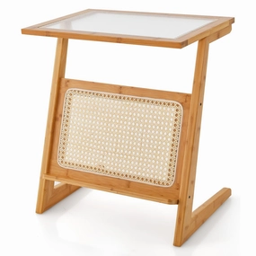 Giantex Rattan Side Table, Boho End Table with Glass Top & Magazine Rack, Z-Shaped Nightstand with Storage entry bench, mudroom storage