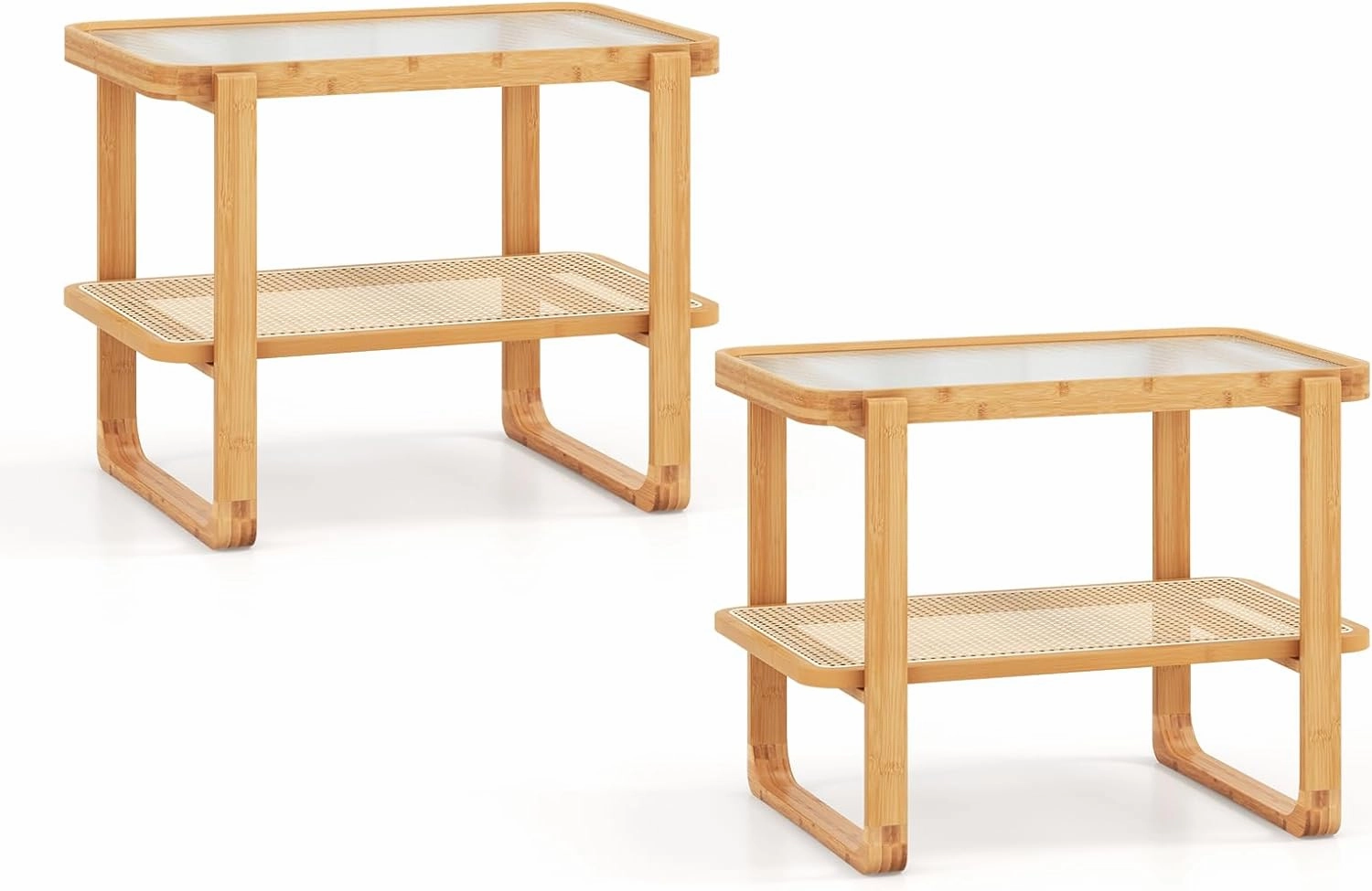 Giantex Rattan Side Table, Boho End Table with Glass Top and 2-Tier Storage Shelves