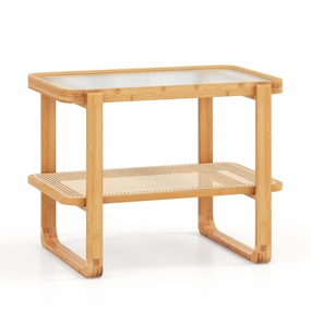 Giantex Rattan Side Table, Boho End Table with Glass Top and 2-Tier Storage Shelves throw pillow, fuzzy blanket