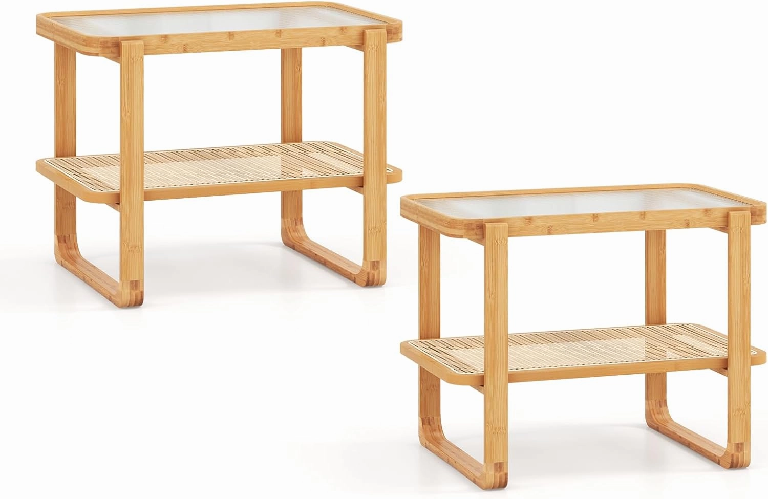 Giantex Rattan Side Table, Boho End Table with Glass Top and 2-Tier Storage Shelves