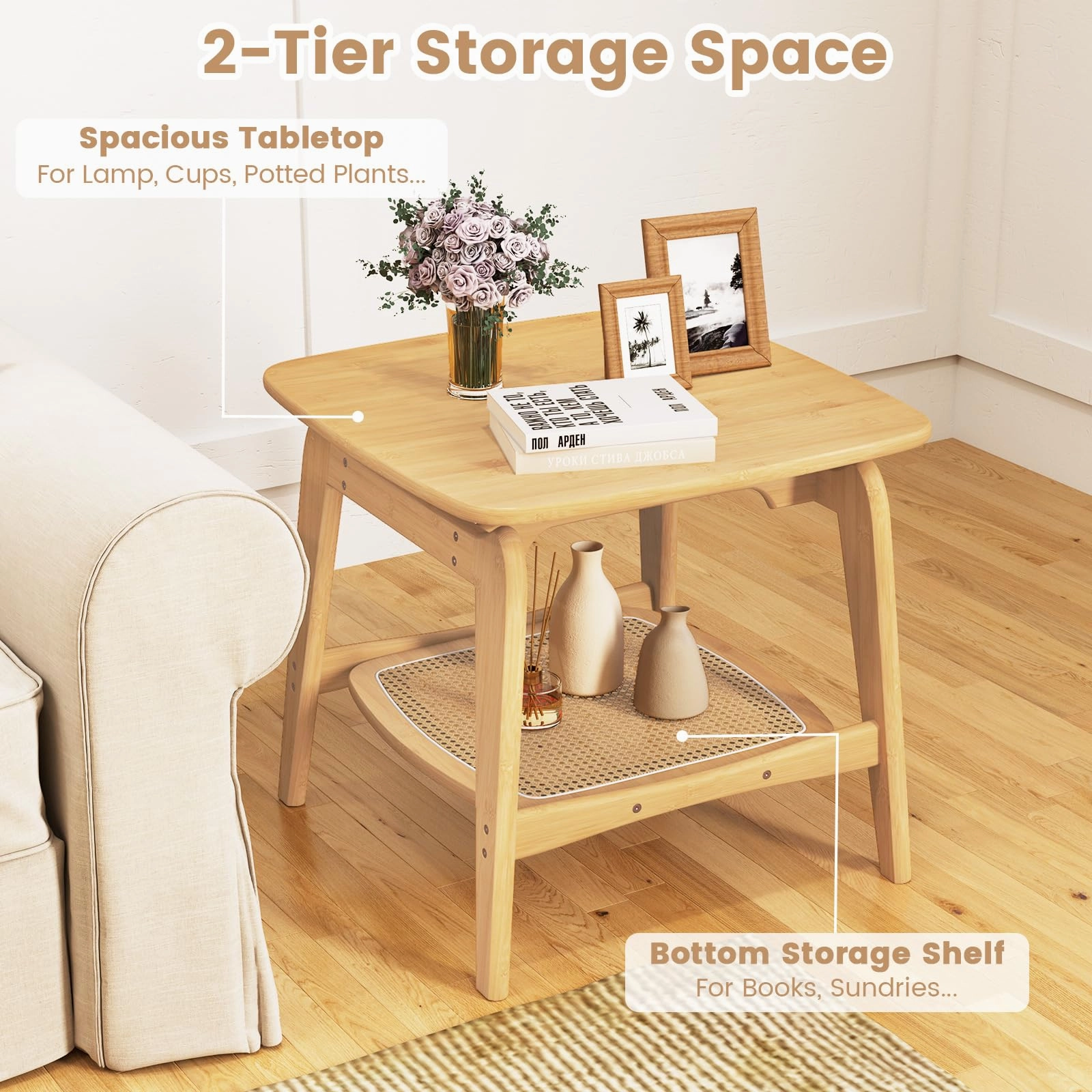 Giantex Rattan Side Table, Boho End Table with Storage Shelf, 2-Tier Bedside Table for Small Spaces