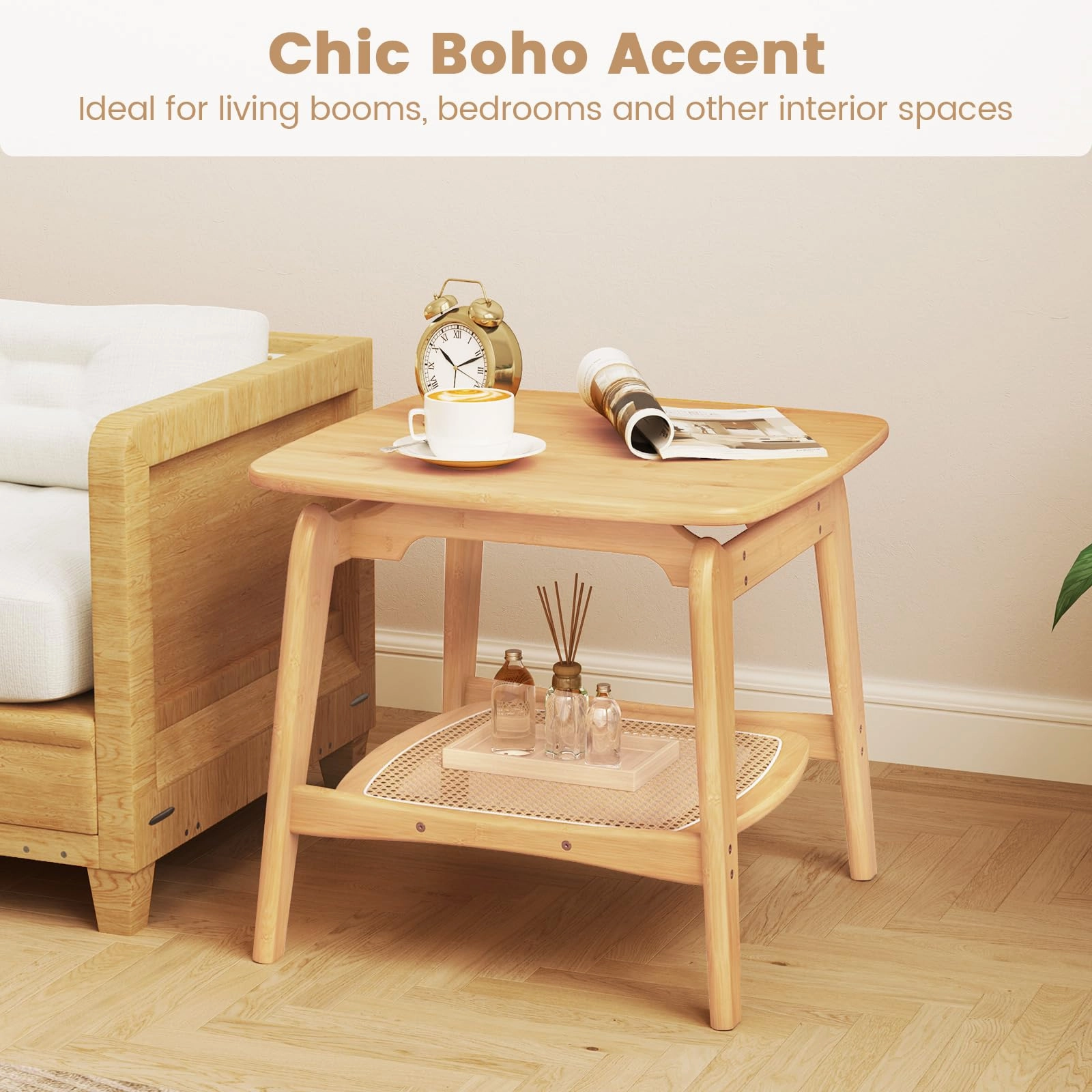 Giantex Rattan Side Table, Boho End Table with Storage Shelf, 2-Tier Bedside Table for Small Spaces