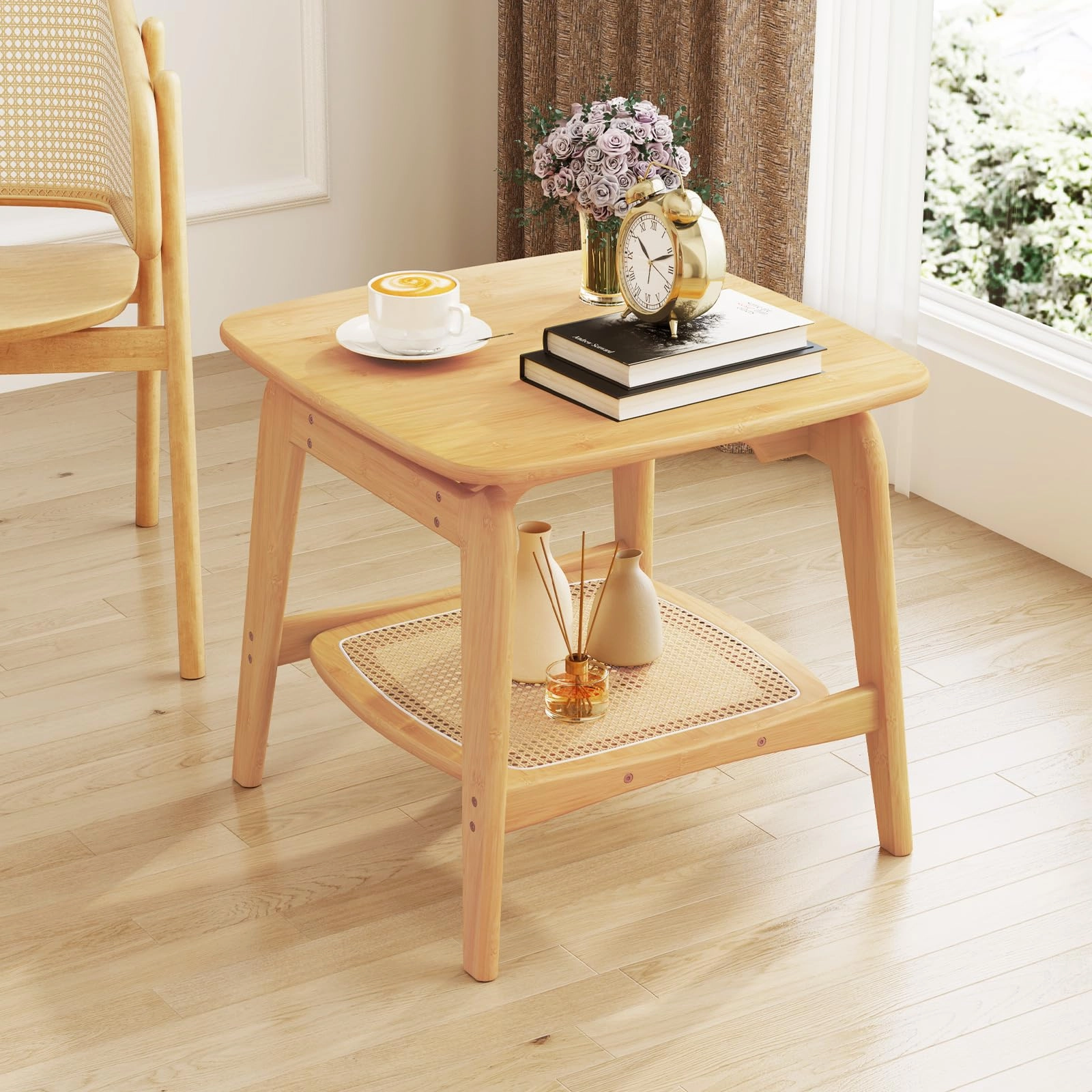 Giantex Rattan Side Table, Boho End Table with Storage Shelf, 2-Tier Bedside Table for Small Spaces