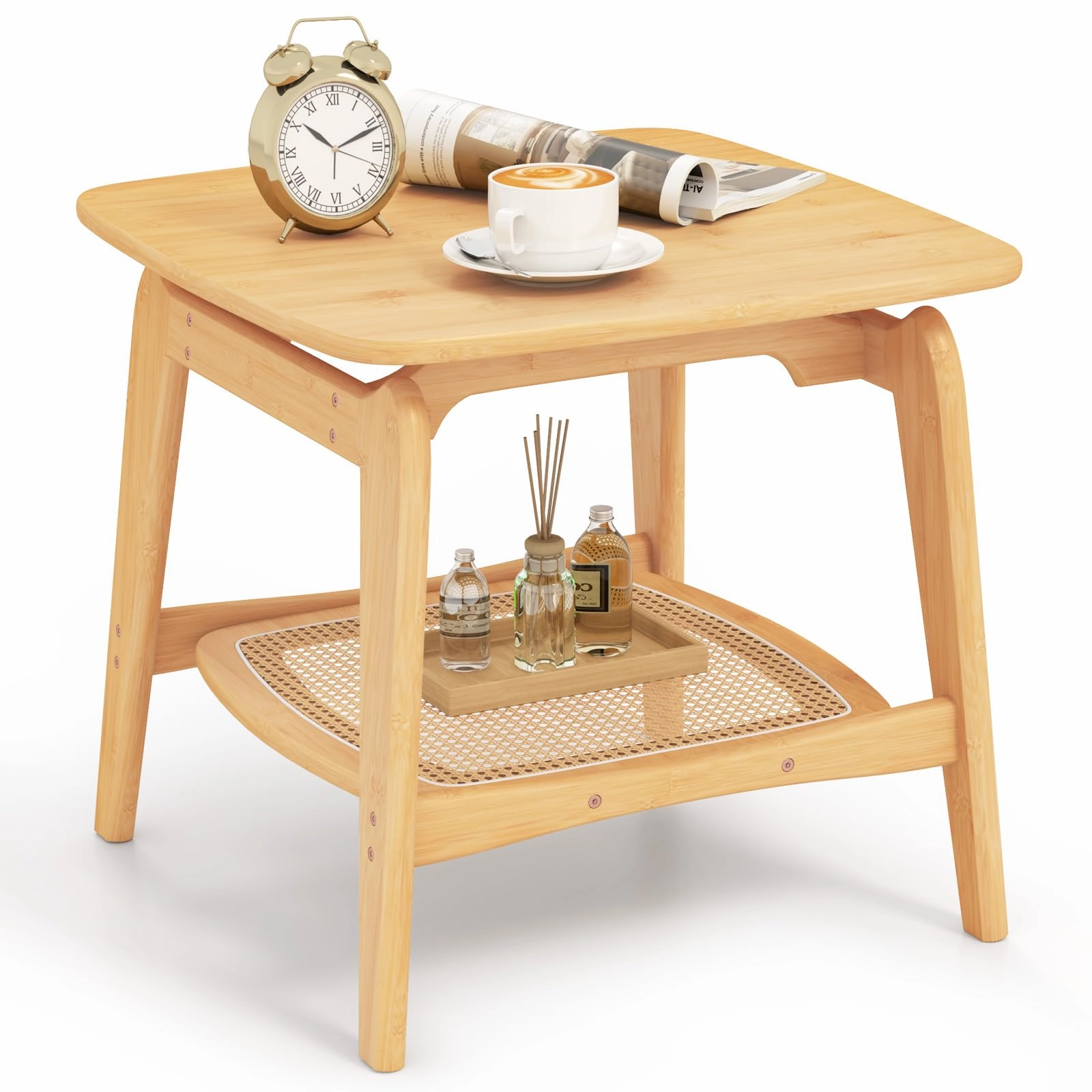 Giantex Rattan Side Table, Boho End Table with Storage Shelf, 2-Tier Bedside Table for Small Spaces throw pillow, fuzzy blanket