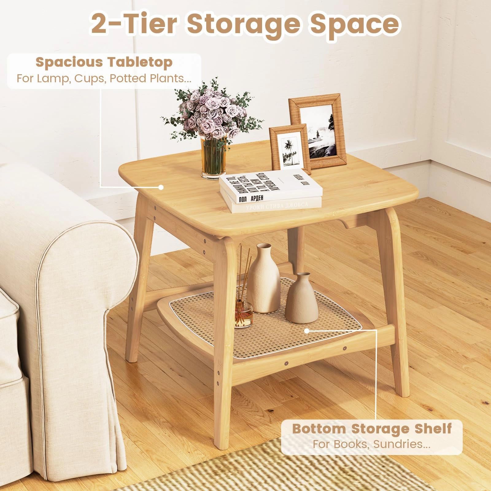 Giantex Rattan Side Table, Boho End Table with Storage Shelf, 2-Tier Bedside Table for Small Spaces