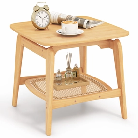 Giantex Rattan Side Table, Boho End Table with Storage Shelf, 2-Tier Bedside Table for Small Spaces entry bench, mudroom storage