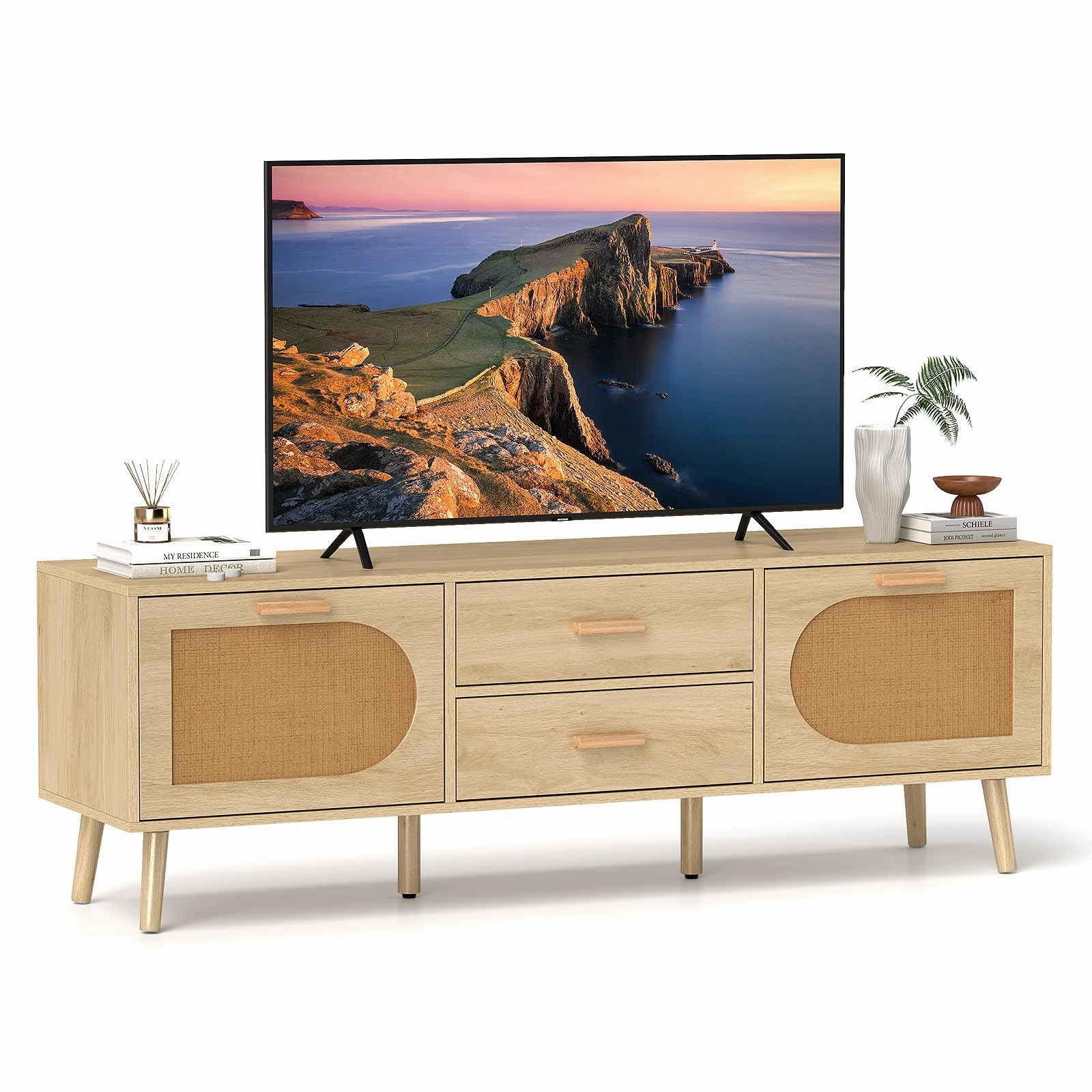 Giantex Rattan TV Stand for TVs up to 65 Inch, 59" TV Console Cabinet with Drawers & Solid Wood Legs doormat, welcome mat