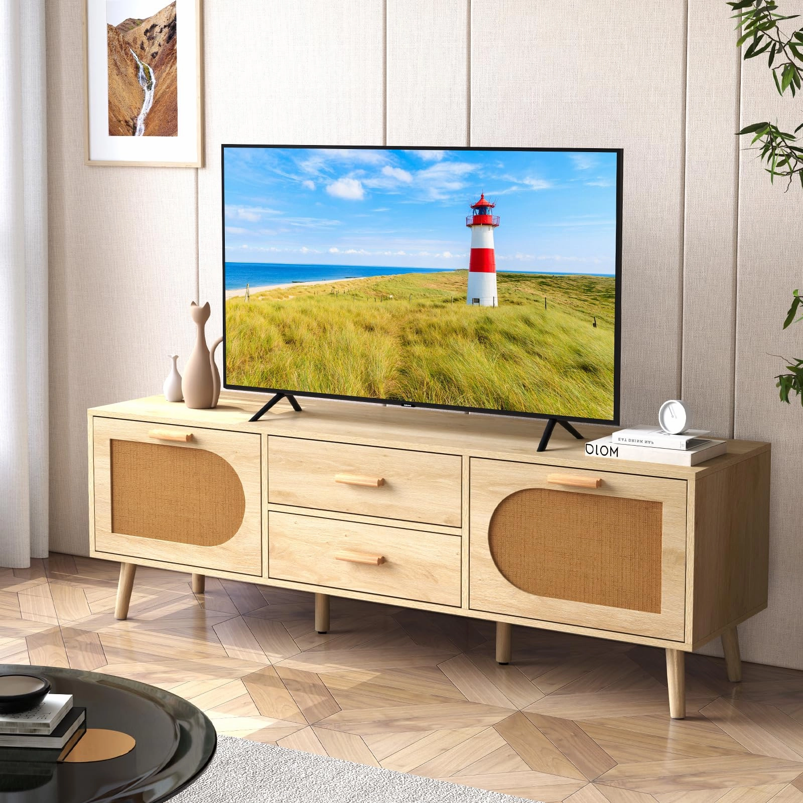 Giantex Rattan TV Stand for TVs up to 65 Inch, 59" TV Console Cabinet with Drawers & Solid Wood Legs