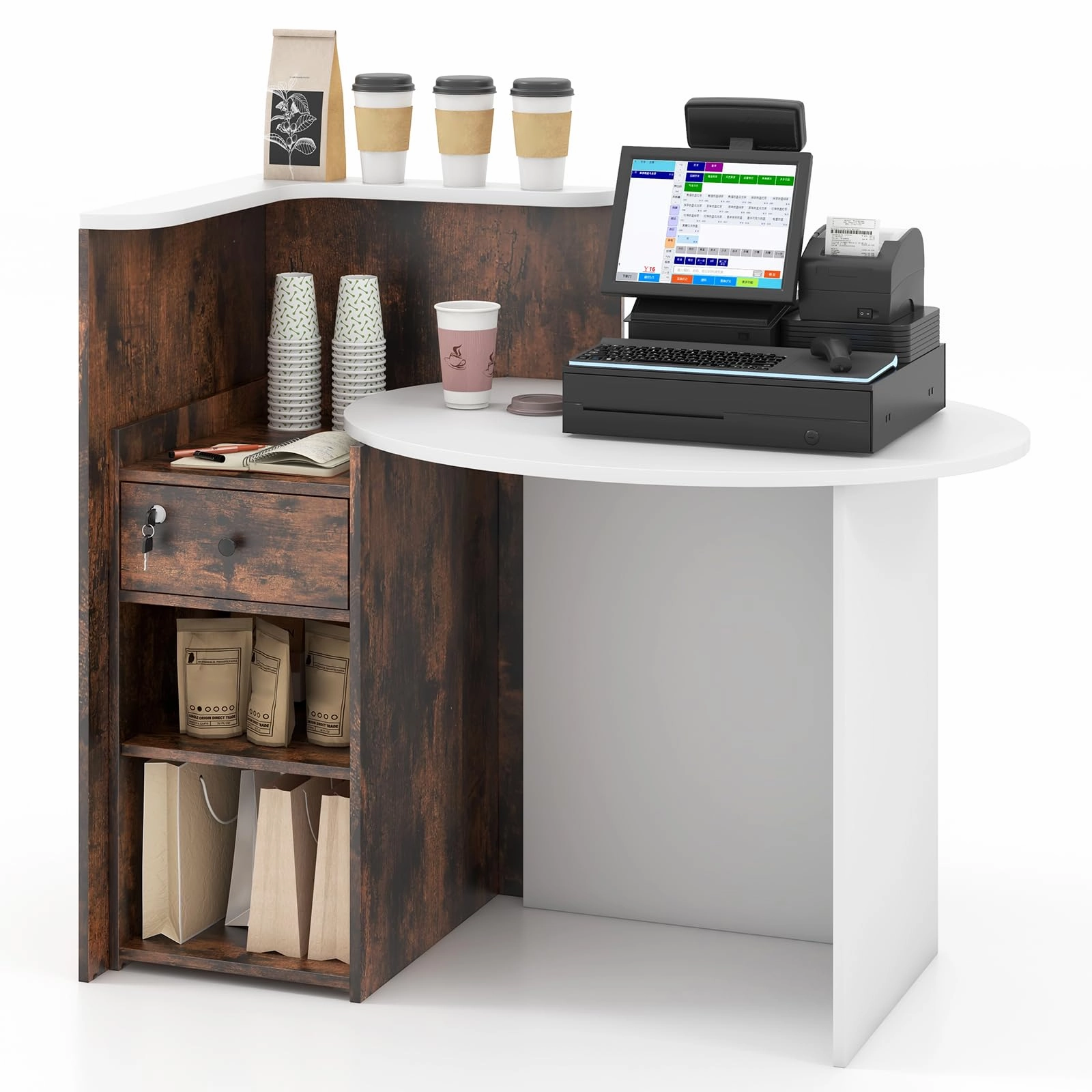 Giantex Reception Desk, Front Counter Desk with Lockable Drawer, Checkout Table with Round Tabletop