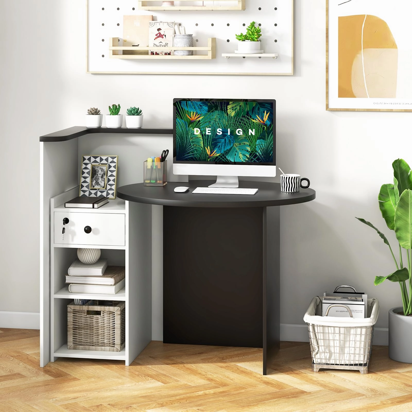 Giantex Reception Desk, Front Counter Desk with Lockable Drawer, Checkout Table with Round Tabletop