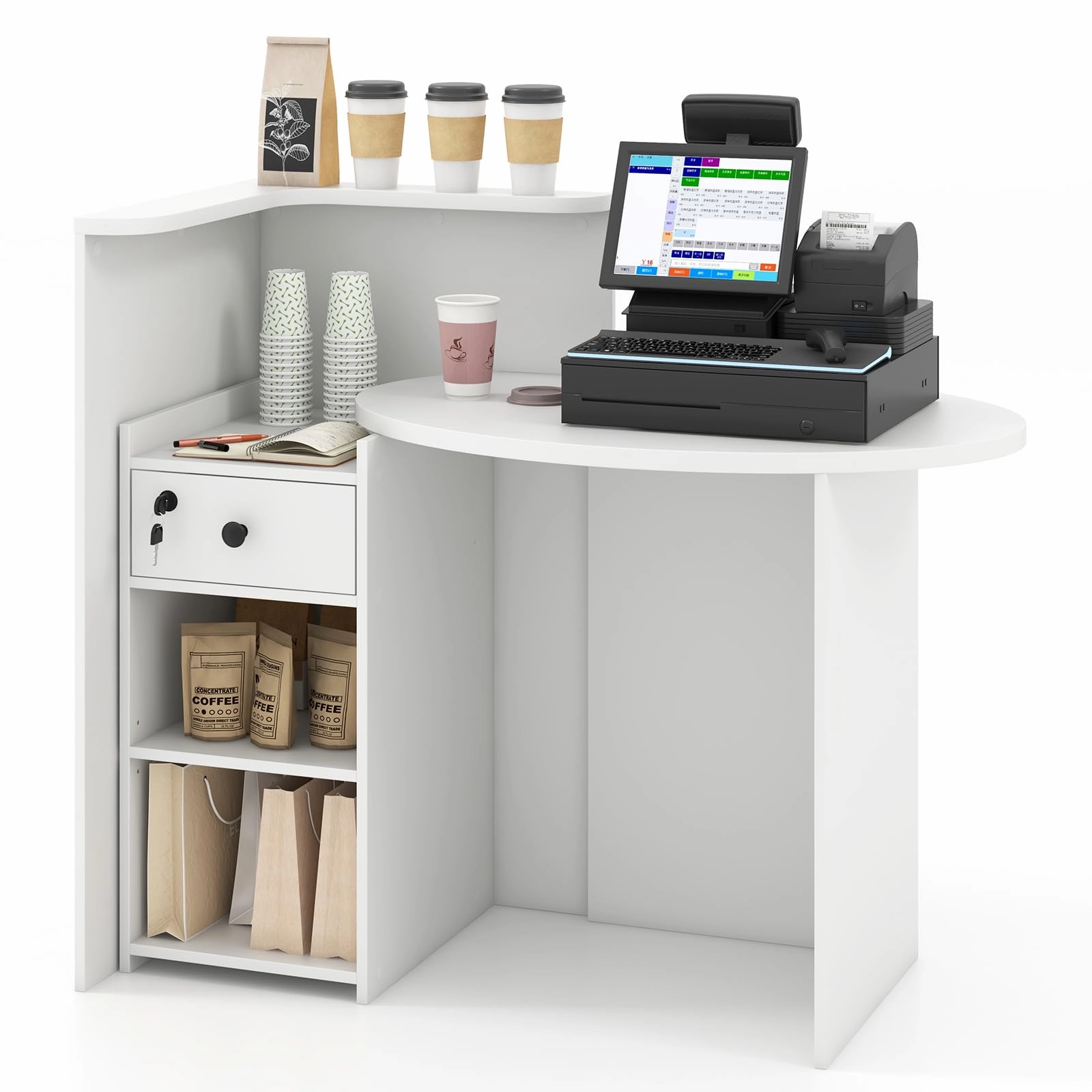 Giantex Reception Desk, Front Counter Desk with Lockable Drawer, Checkout Table with Round Tabletop