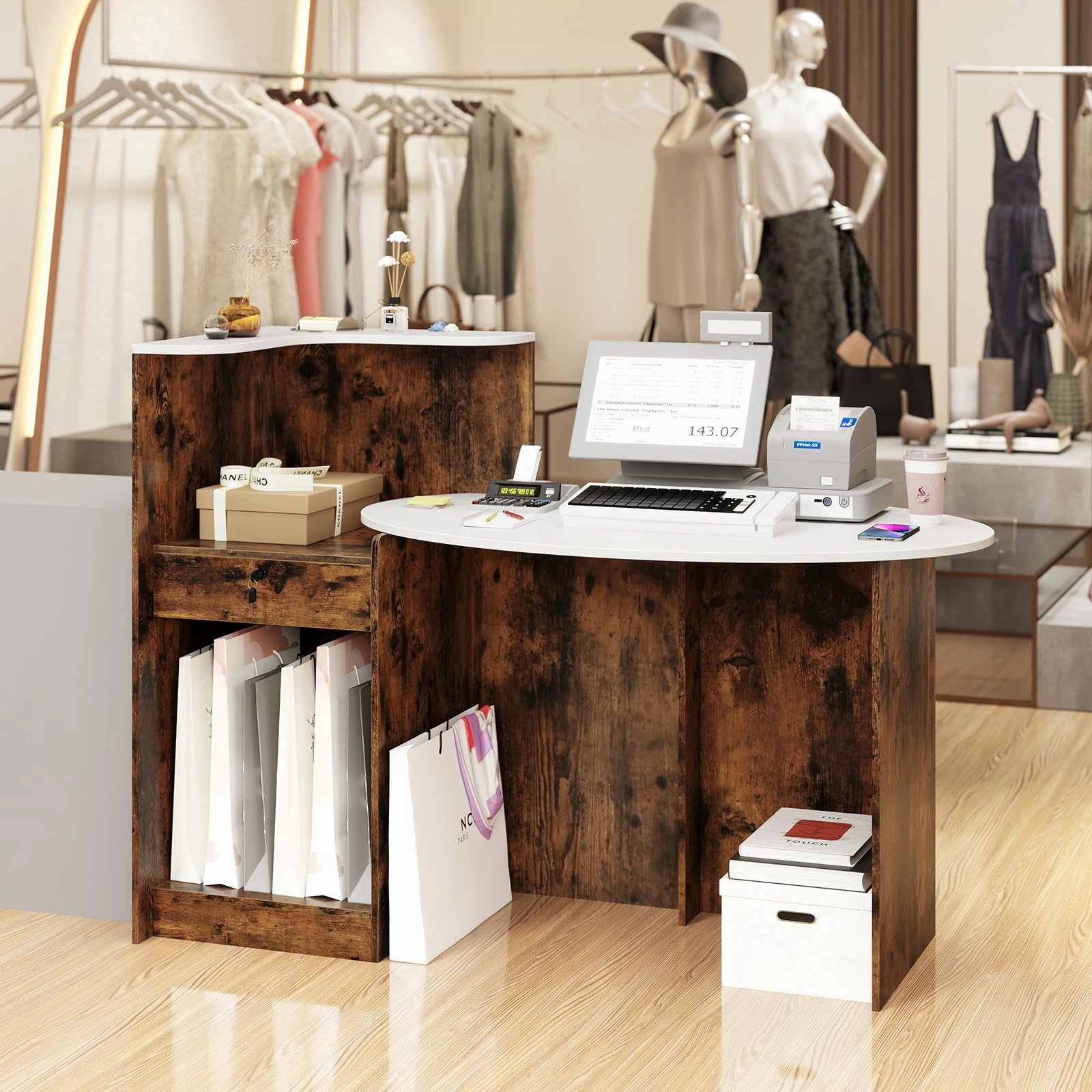 Giantex Reception Desk, Front Counter Desk with Lockable Drawer, Oval Tabletop & Adjustable Shelf