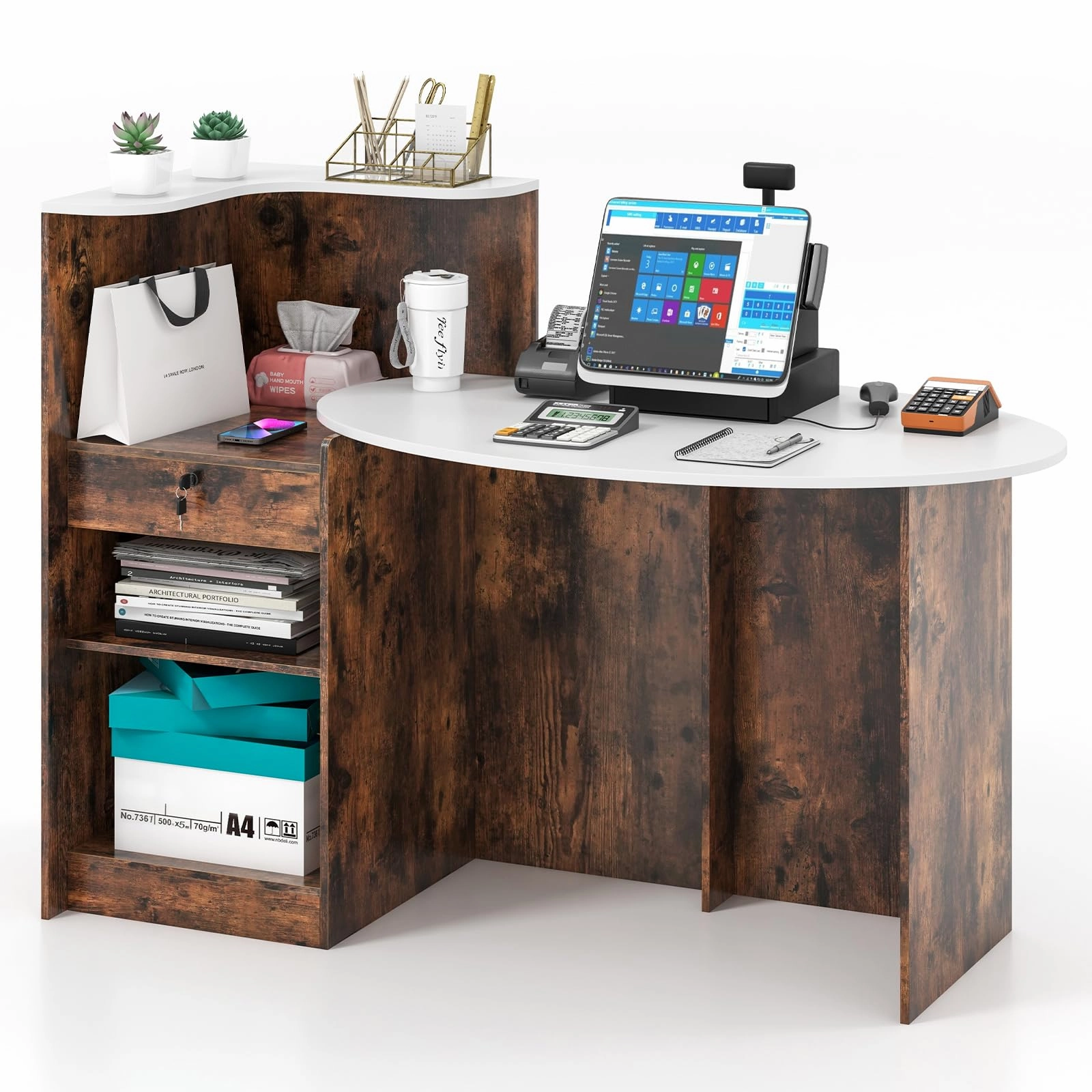 Giantex Reception Desk, Front Counter Desk with Lockable Drawer, Oval Tabletop & Adjustable Shelf patio decor, garden accessories