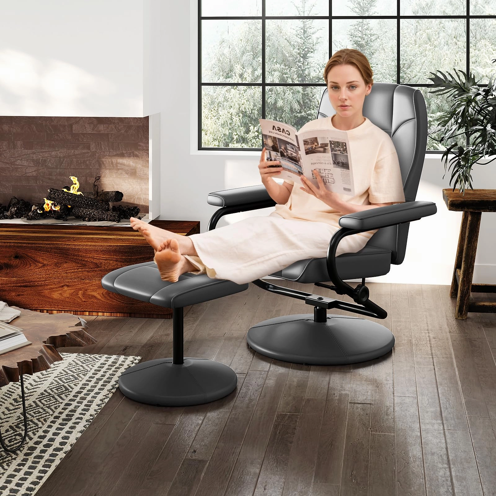Giantex Recliner Chair with Ottoman, 360 Degree Swivel Leather Reclining Chair with Stable Steel Base