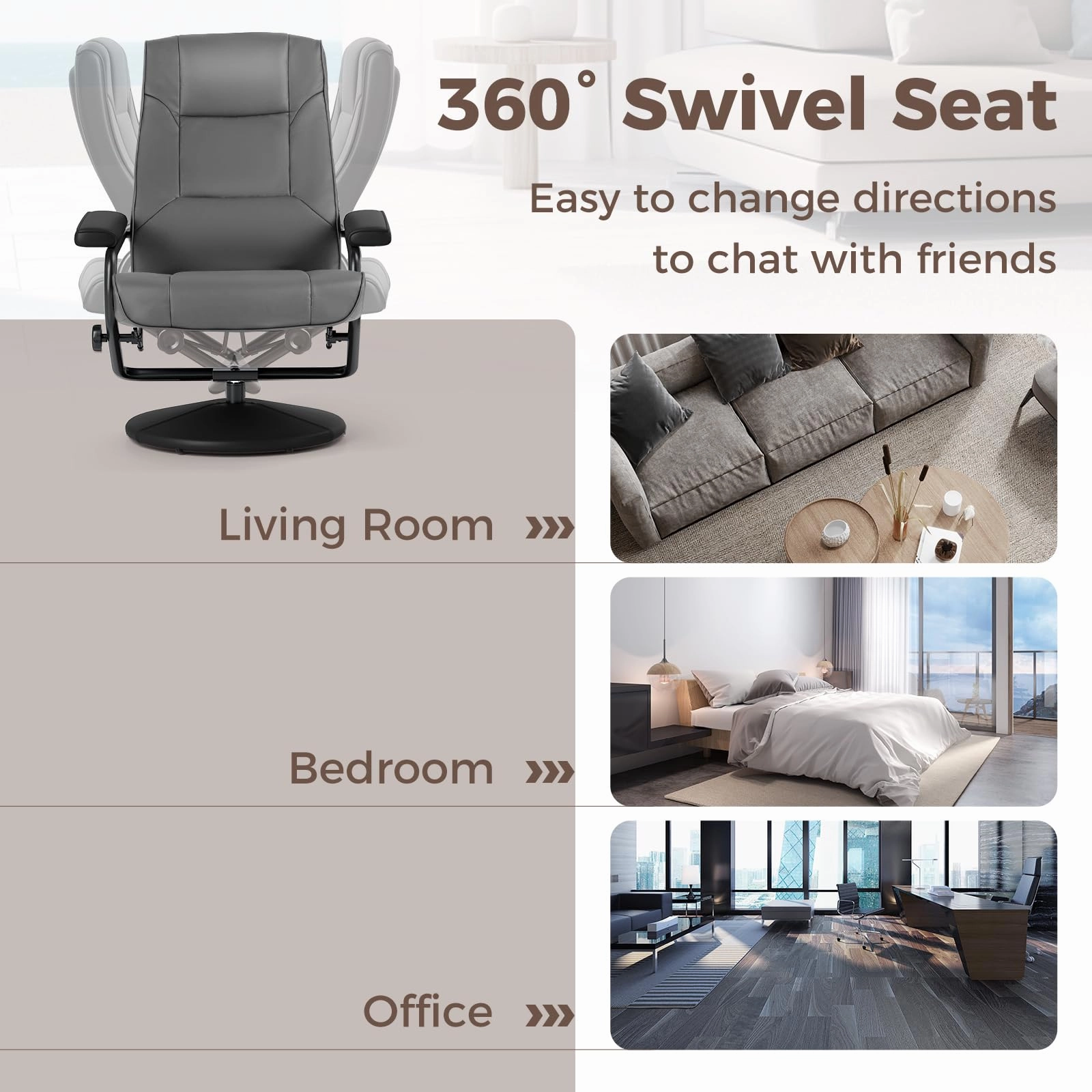 Giantex Recliner Chair with Ottoman, 360 Degree Swivel Leather Reclining Chair with Stable Steel Base