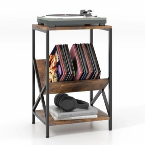 Giantex Record Player Stand, 3-Tier End Table w/ V-Shaped Magazine Holder, Turntable Stand with Record Storage Up to 80 Albums throw pillow, fuzzy blanket