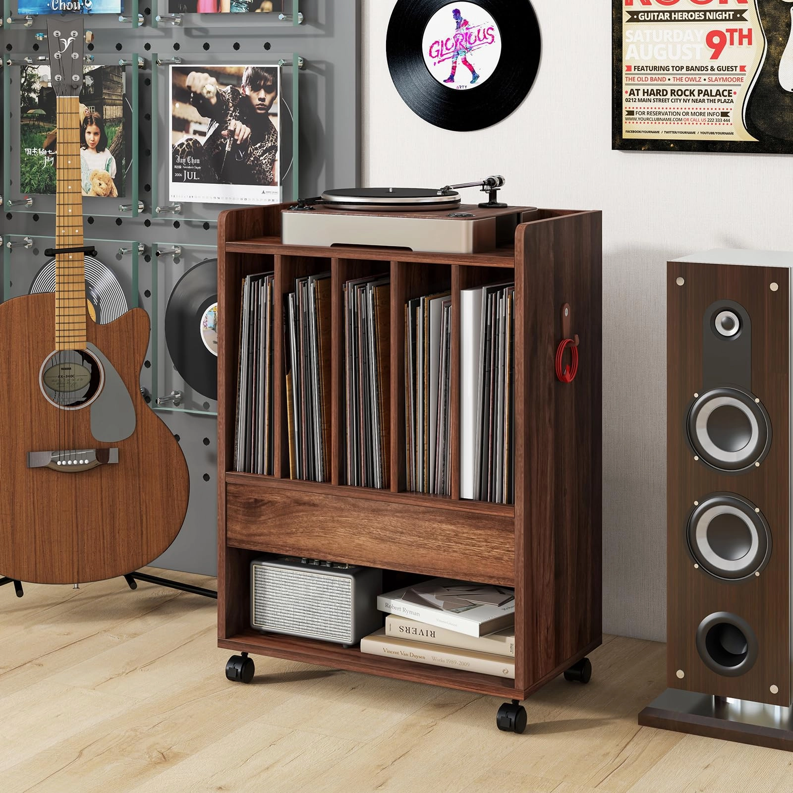 Giantex Record Player Stand, Rolling Turntable Stand with Drawer, Hook & Lockable Wheels