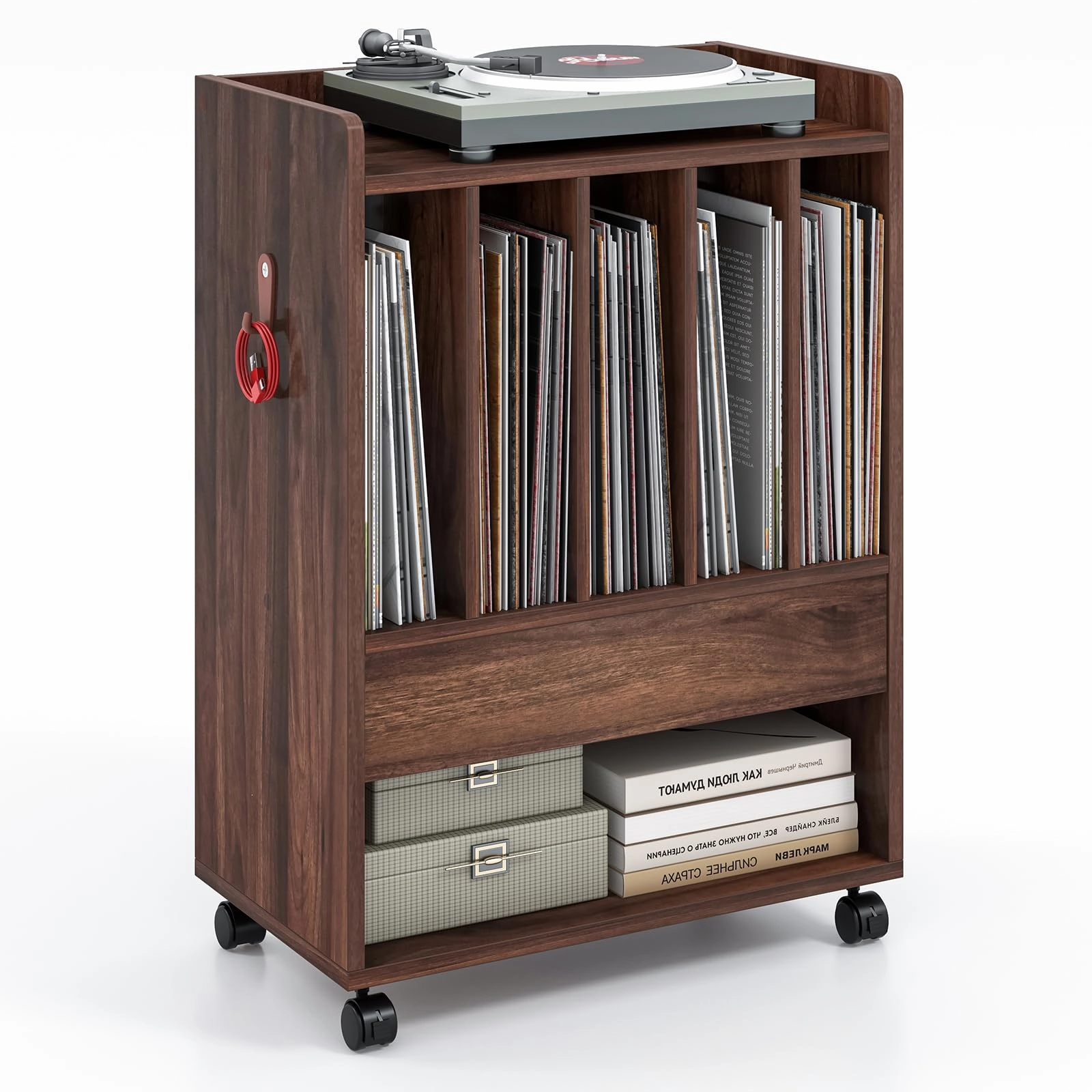 Giantex Record Player Stand, Rolling Turntable Stand with Drawer, Hook & Lockable Wheels throw pillow, fuzzy blanket
