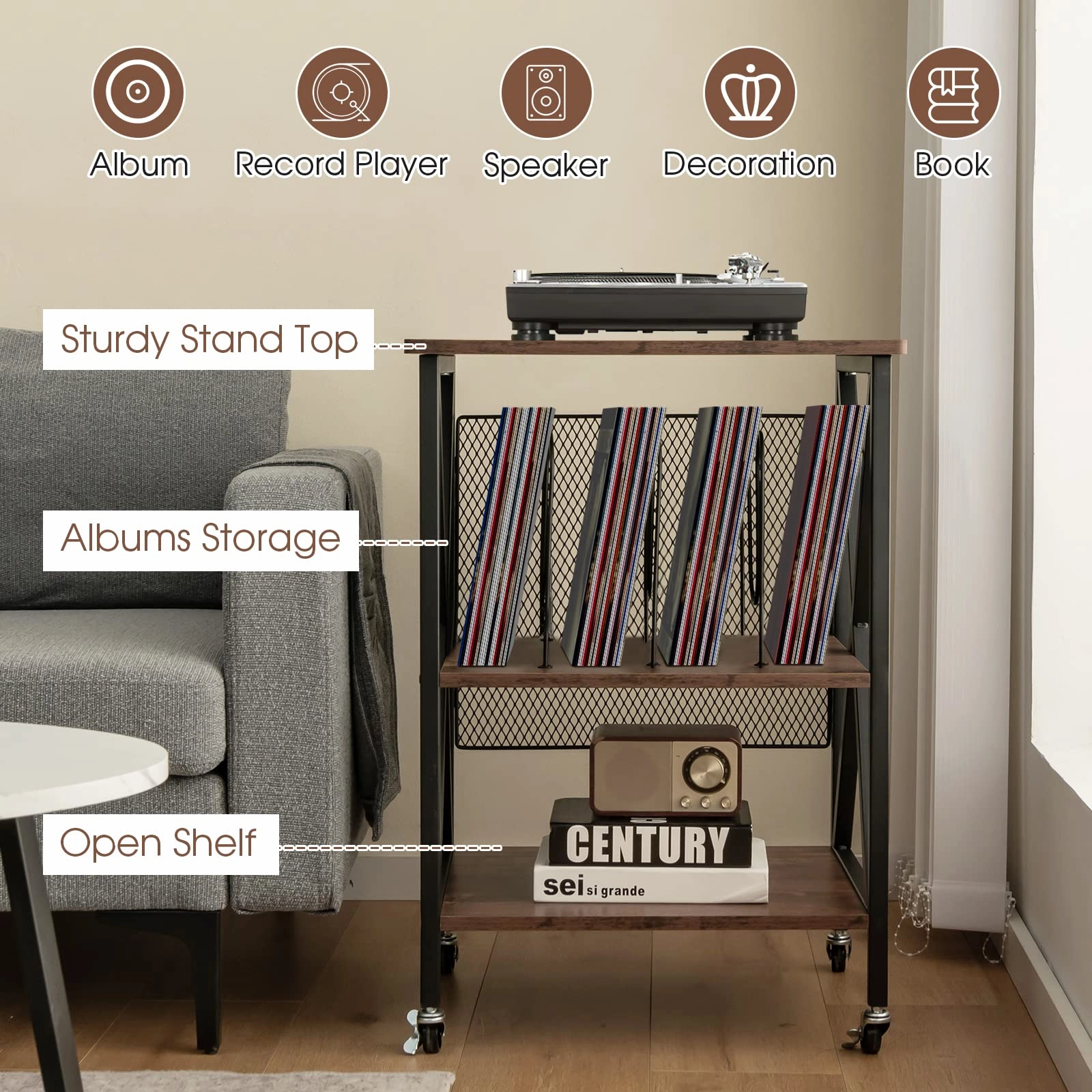 Giantex Record Player Stand, Vinyl Record Storage Table w/ 3 M-shaped Dividers & 4 Rolling Wheels, Rustic Brown