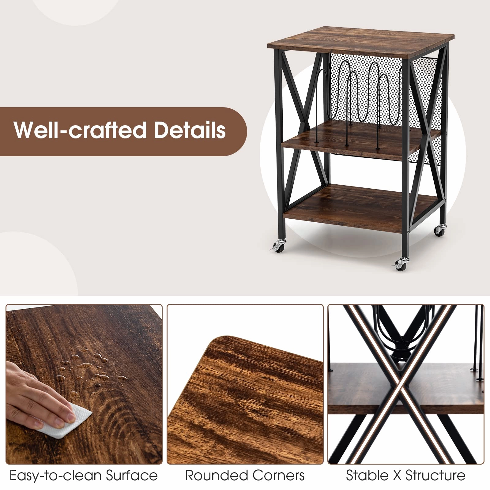 Giantex Record Player Stand, Vinyl Record Storage Table w/ 3 M-shaped Dividers & 4 Rolling Wheels, Rustic Brown