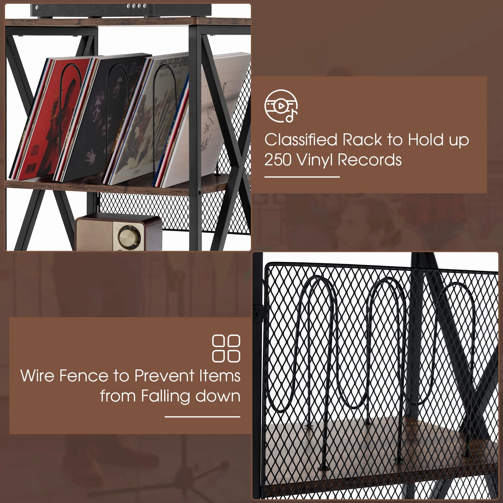 Giantex Record Player Stand, Vinyl Record Storage Table w/ 3 M-shaped Dividers & 4 Rolling Wheels, Rustic Brown