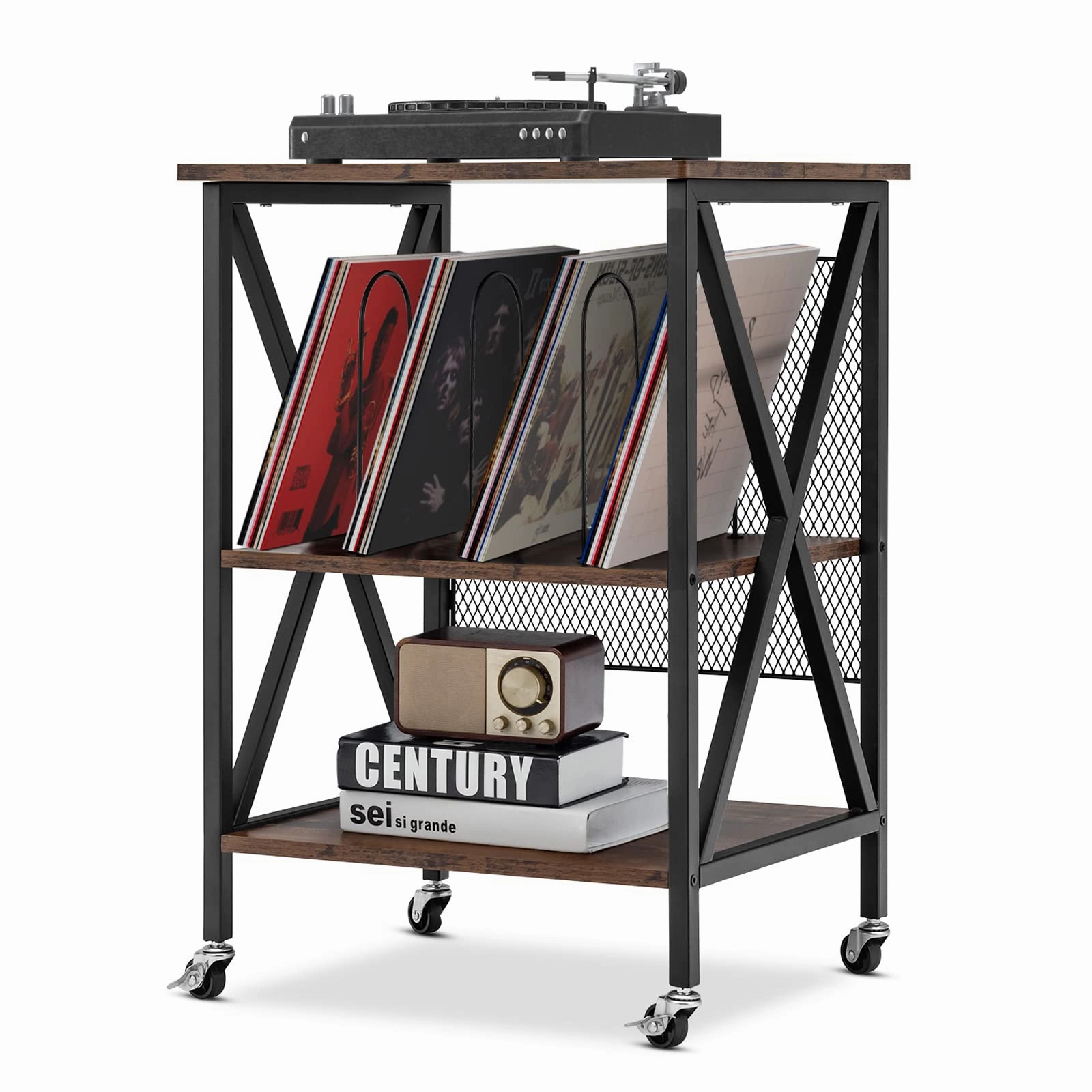 Giantex Record Player Stand, Vinyl Record Storage Table w/ 3 M-shaped Dividers & 4 Rolling Wheels, Rustic Brown