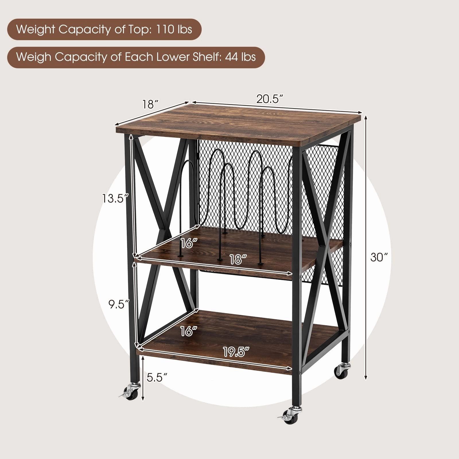 Giantex Record Player Stand, Vinyl Record Storage Table w/ 3 M-shaped Dividers & 4 Rolling Wheels, Rustic Brown