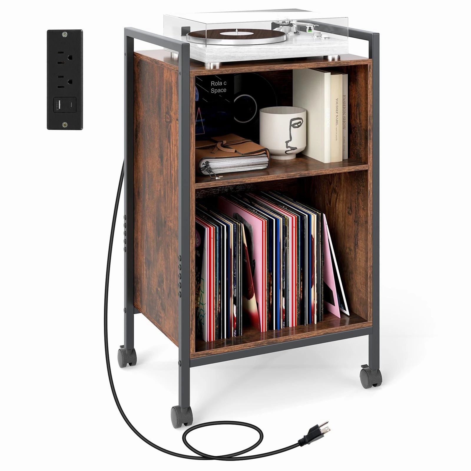 Giantex Record Player Stand with Charging Station throw pillow, fuzzy blanket