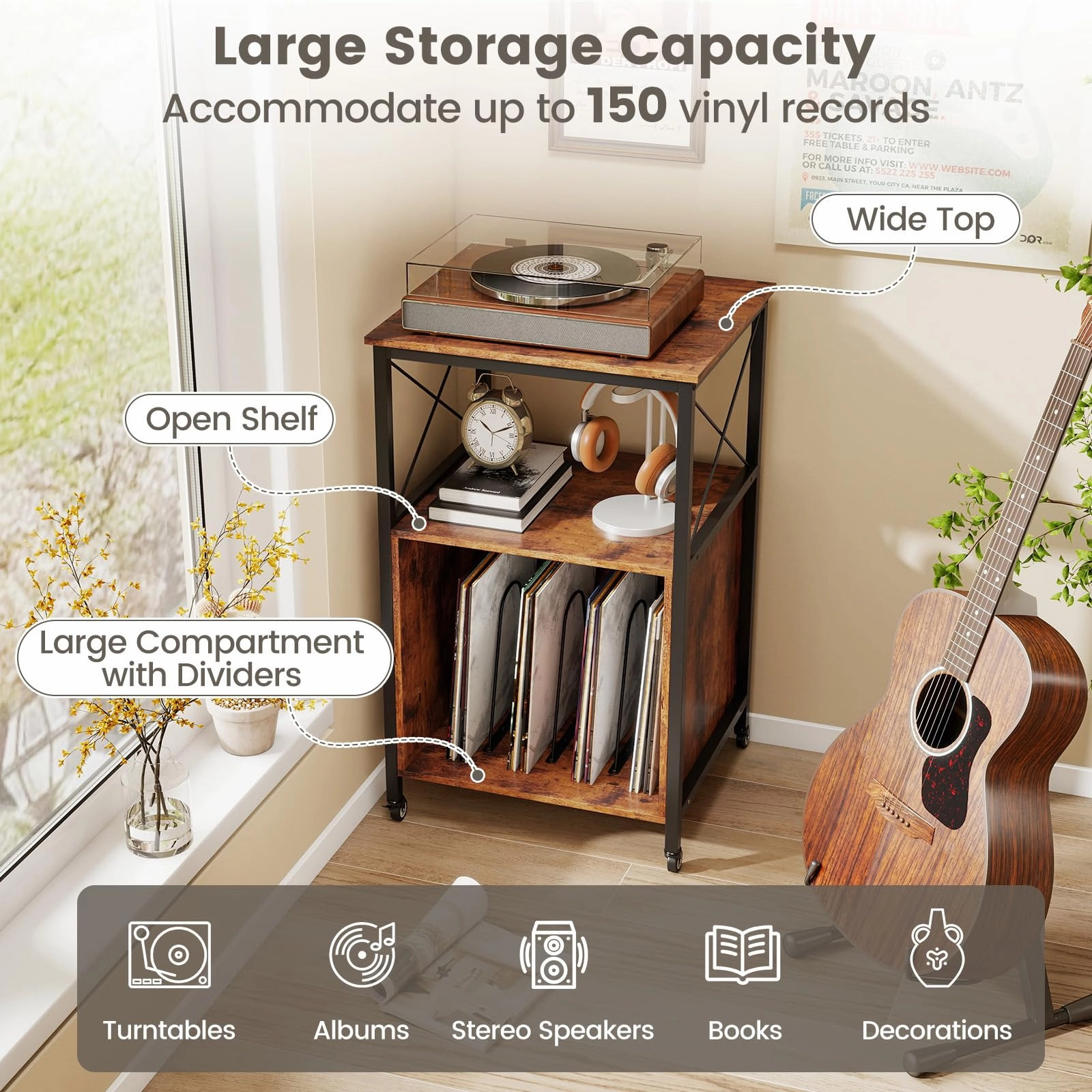 Giantex Record Player Stand with Charging Station Rolling 3-Tier Turntable Stand