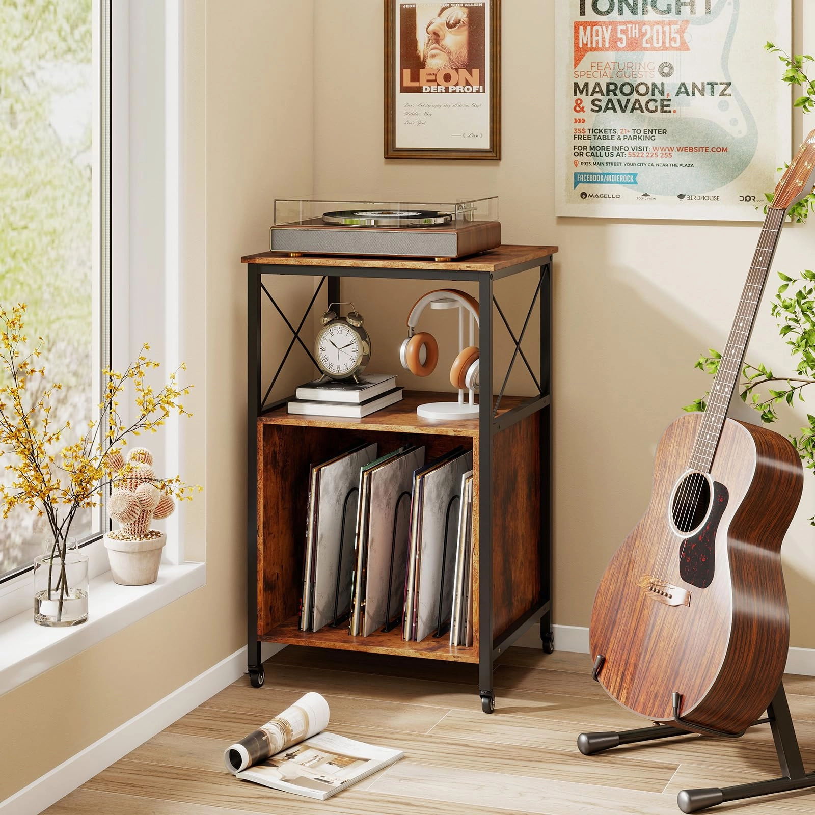 Giantex Record Player Stand with Charging Station Rolling 3-Tier Turntable Stand