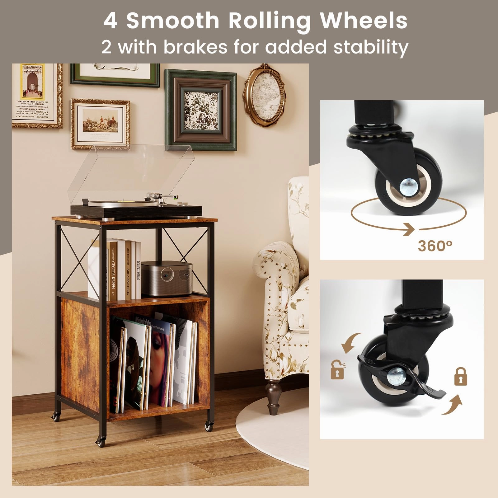 Giantex Record Player Stand with Charging Station Rolling 3-Tier Turntable Stand