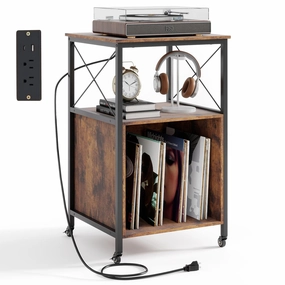 Giantex Record Player Stand with Charging Station Rolling 3-Tier Turntable Stand throw pillow, fuzzy blanket