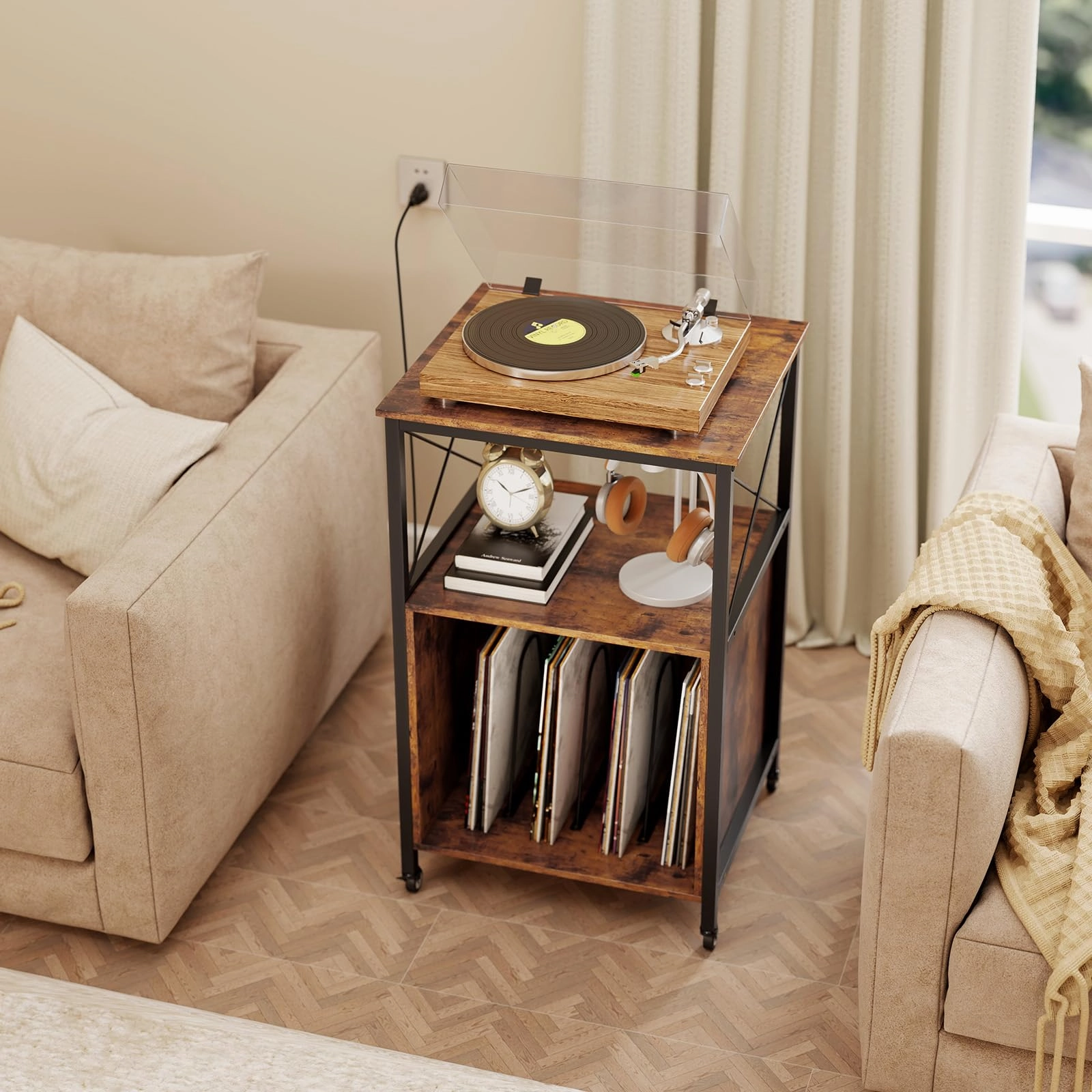 Giantex Record Player Stand with Charging Station Rolling 3-Tier Turntable Stand