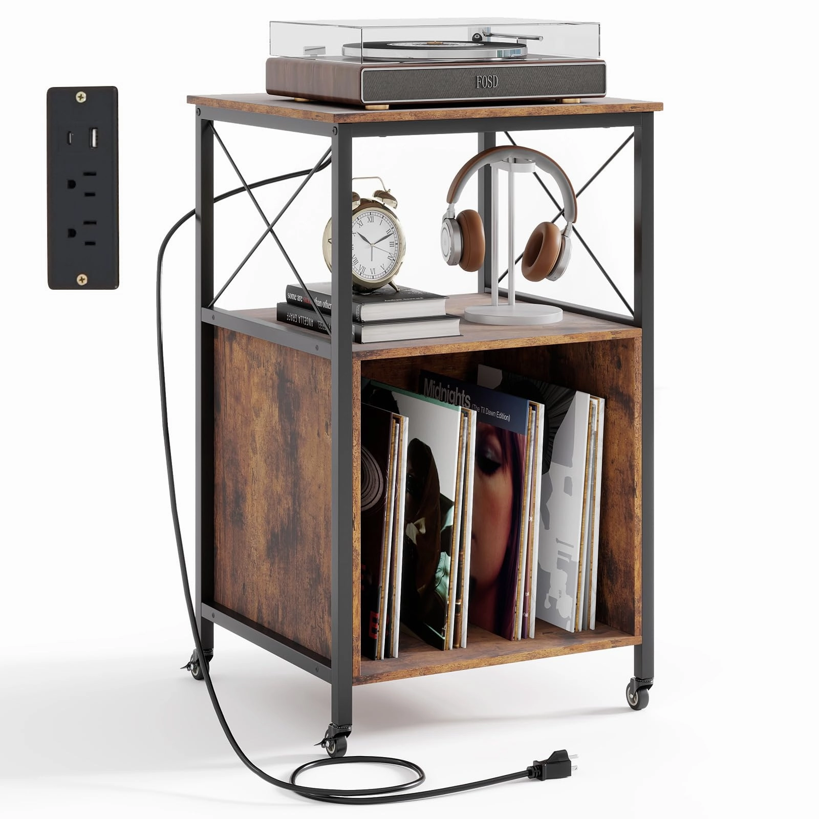 Giantex Record Player Stand with Charging Station Rolling 3-Tier Turntable Stand entry bench, mudroom storage