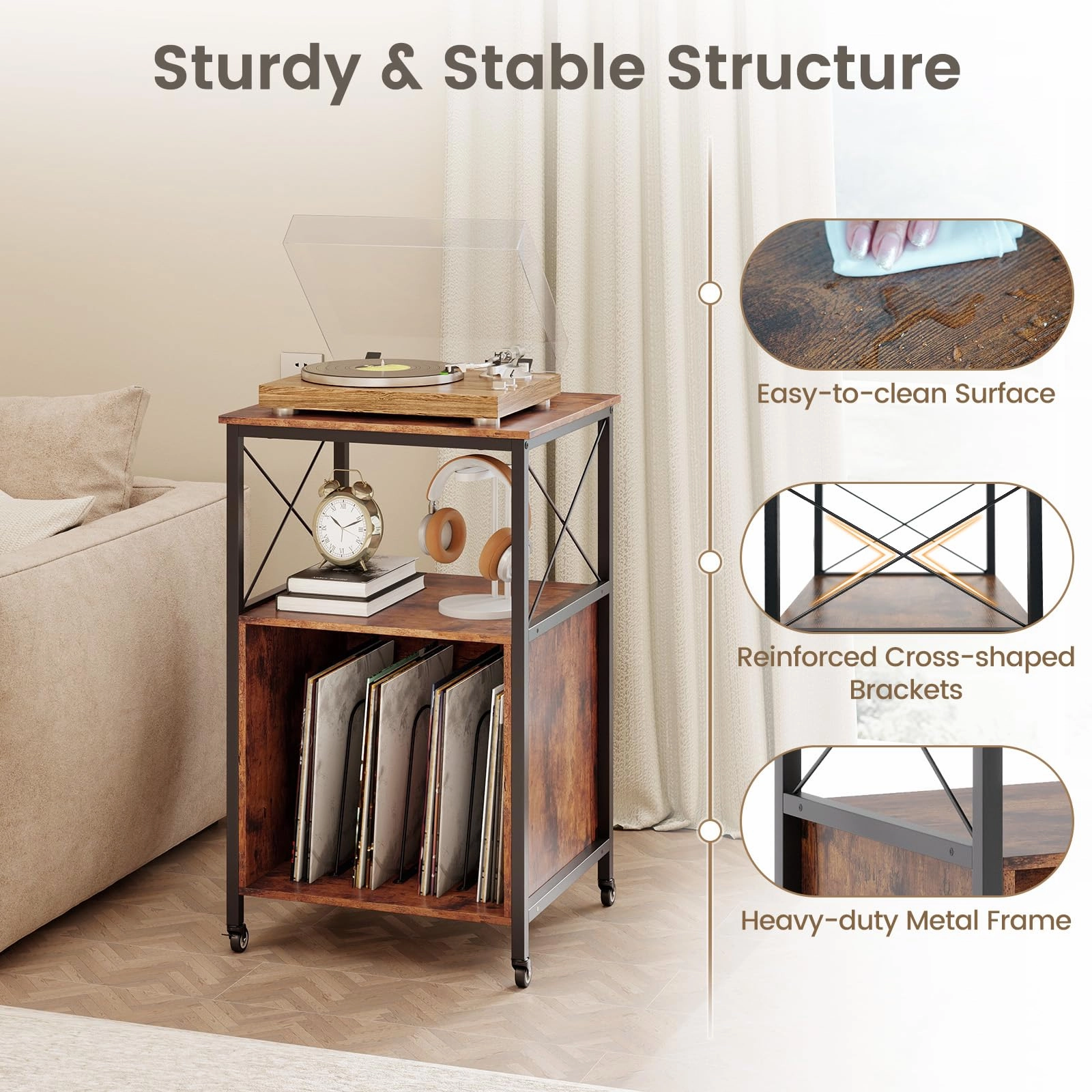 Giantex Record Player Stand with Charging Station Rolling 3-Tier Turntable Stand