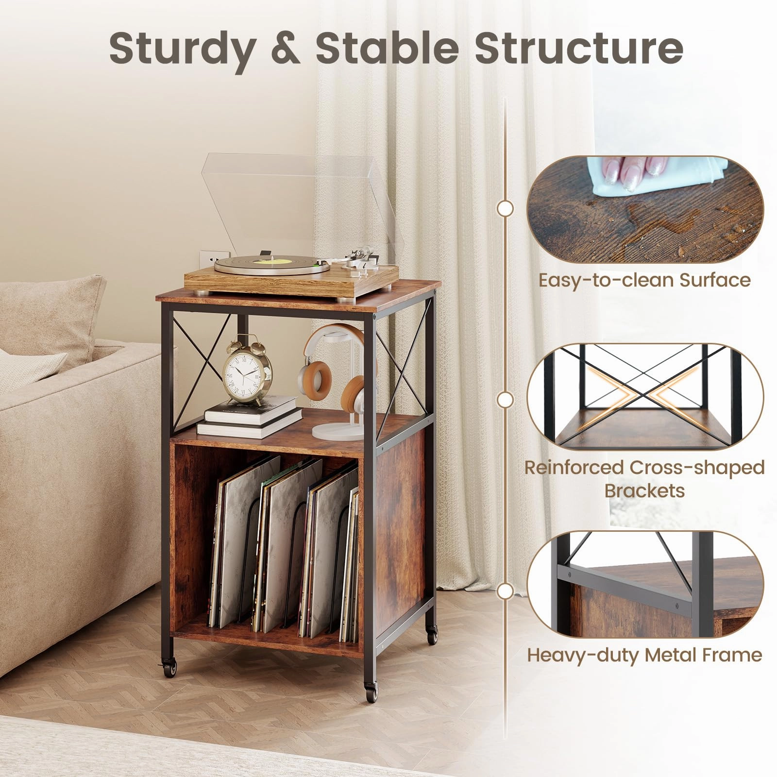 Giantex Record Player Stand with Charging Station Rolling 3-Tier Turntable Stand