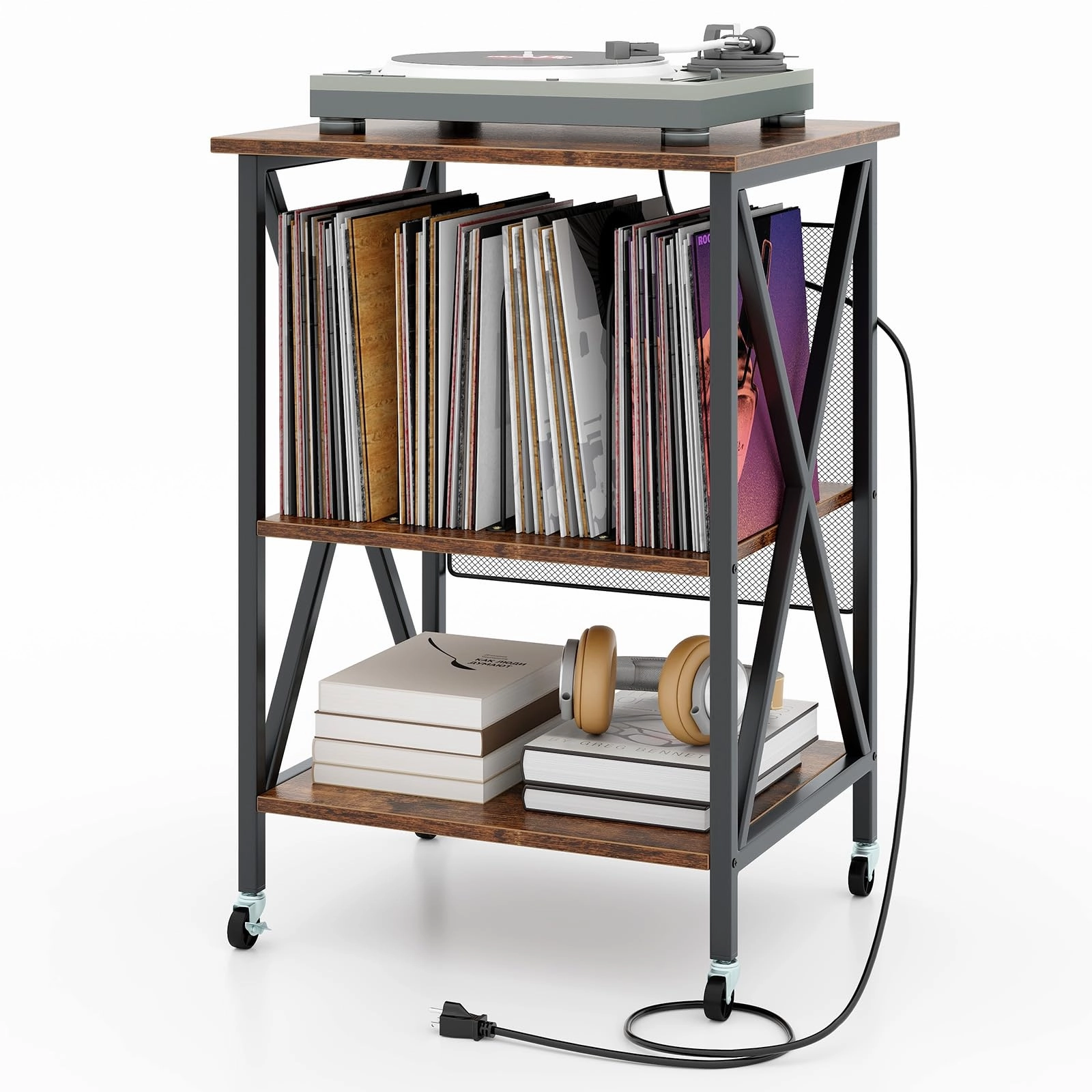 Giantex Record Player Stand with Charging Station, Turntable Stand with Record Storage & 4 Rolling Wheels throw pillow, fuzzy blanket