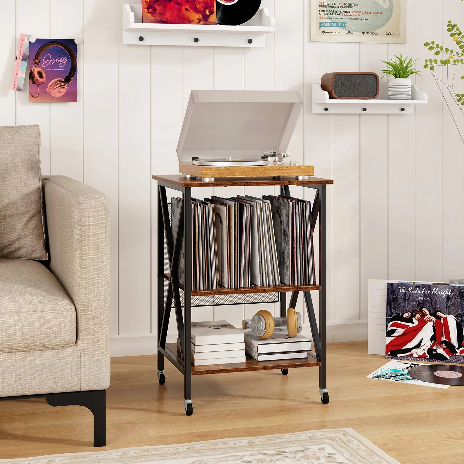 Giantex Record Player Stand with Charging Station, Turntable Stand with Record Storage & 4 Rolling Wheels